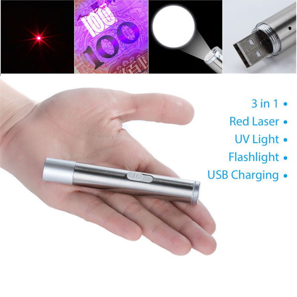 3 In1 1mw USB Rechargeable Pet Toy Pen Flashlight Red Laser Beam UV Light 3-Modes Lamp — image 3