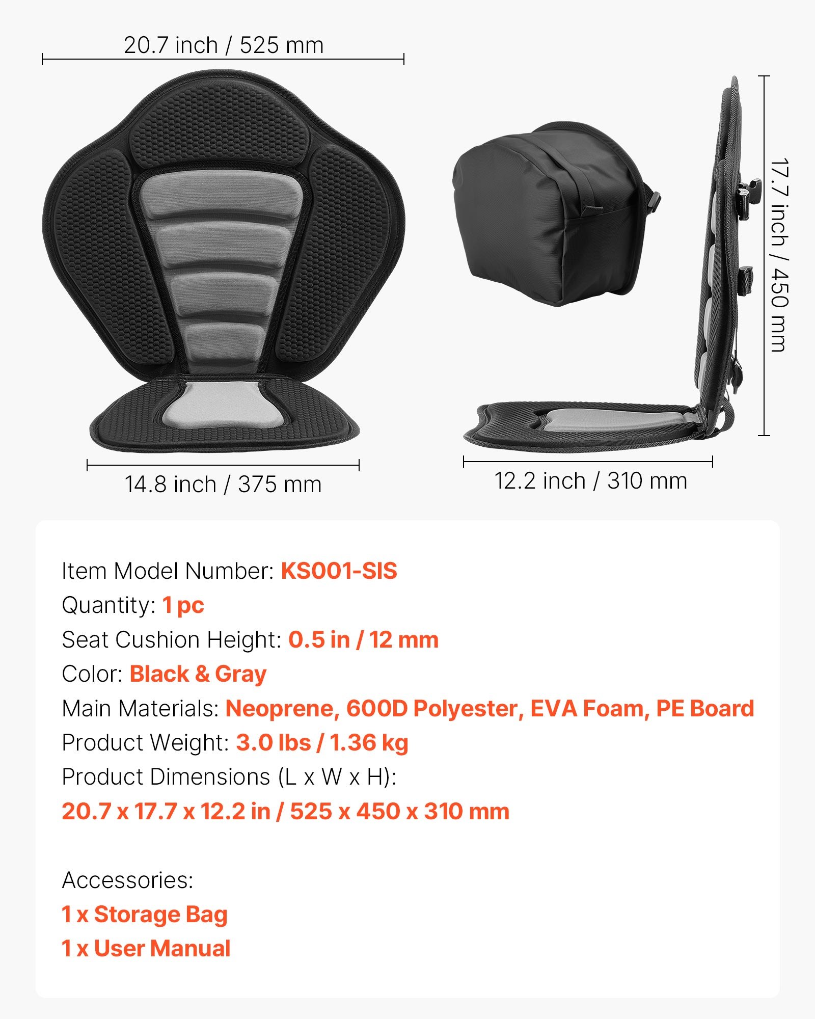 Asiento de Kayak, 1 paquete, 0,5" espesor, Asiento universal para Tabla de Paddle con soporte trasero, Silla suave para kayak sentado en la parte superior con bolsa de almacenamiento y correas ajustables para SUP, canoa, bote de pesca, kayak inflable — imagen 1