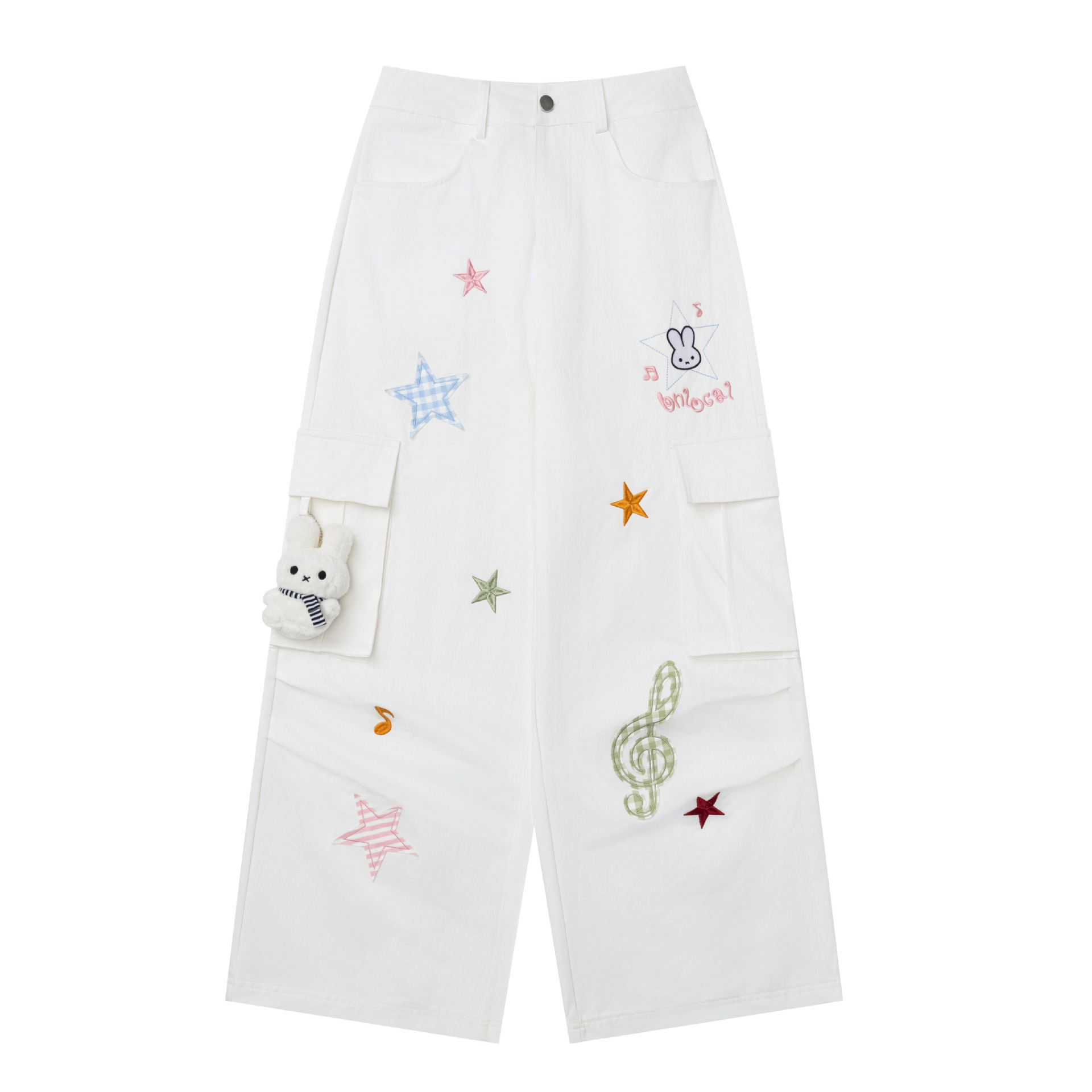 Women's Sweet Cool Casual Wide Leg High Waist Star Rabbit Embroidered Cargo Pants — image 1