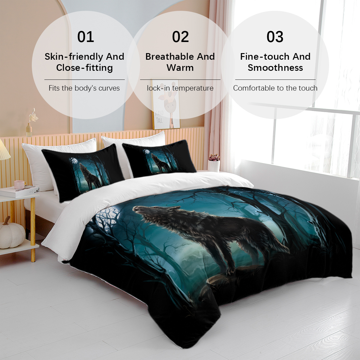 Moon Wolf Bedding Green Watercolor Forest Wolf Landscape Duvet Cover Sets 3 Pieces Wild Animal Bedding Set Twin Full Queen King Size — image 13
