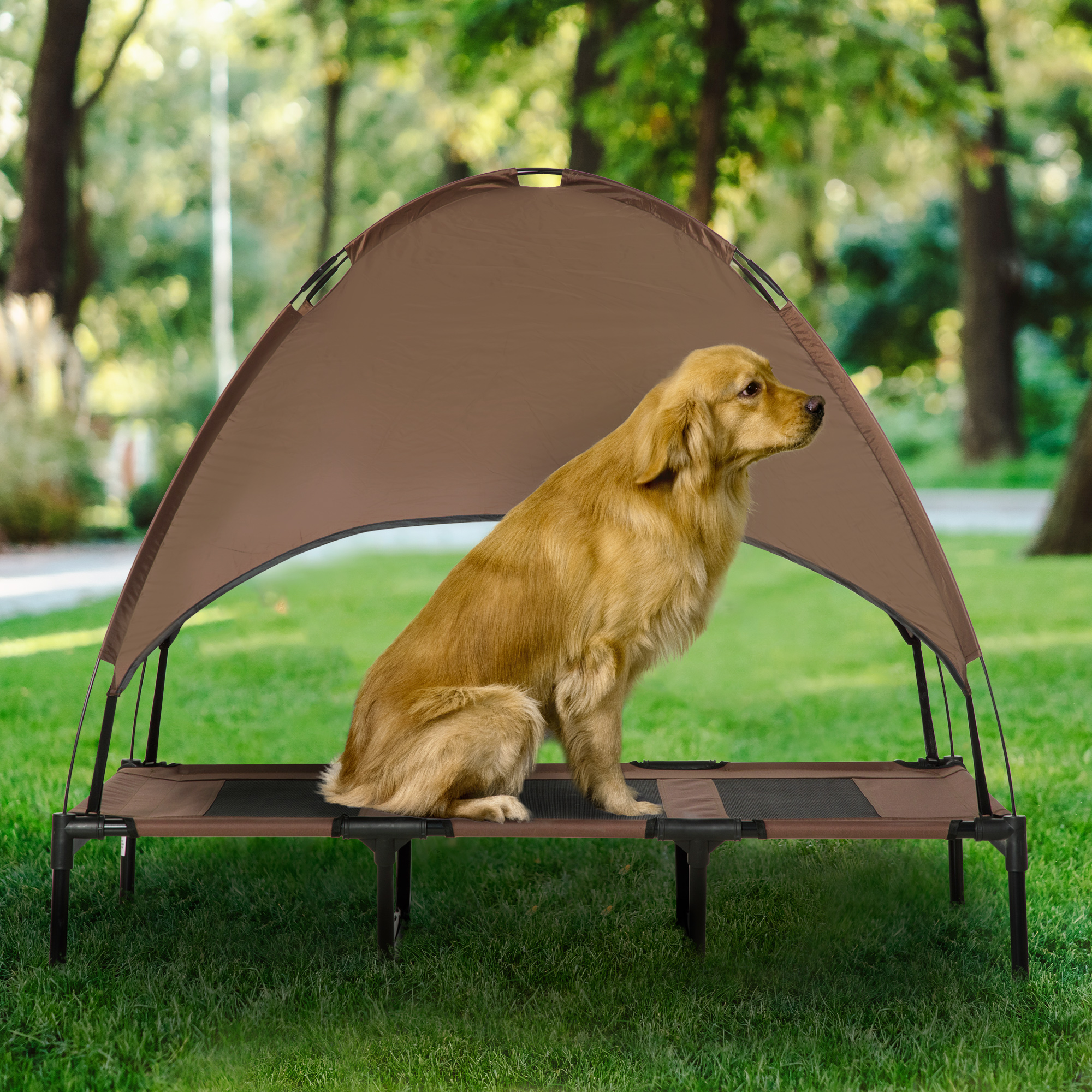 Camastro Portátil Elevado para Perro de 48" x 36" con Toldo de Protección UV, Café — imagen 3