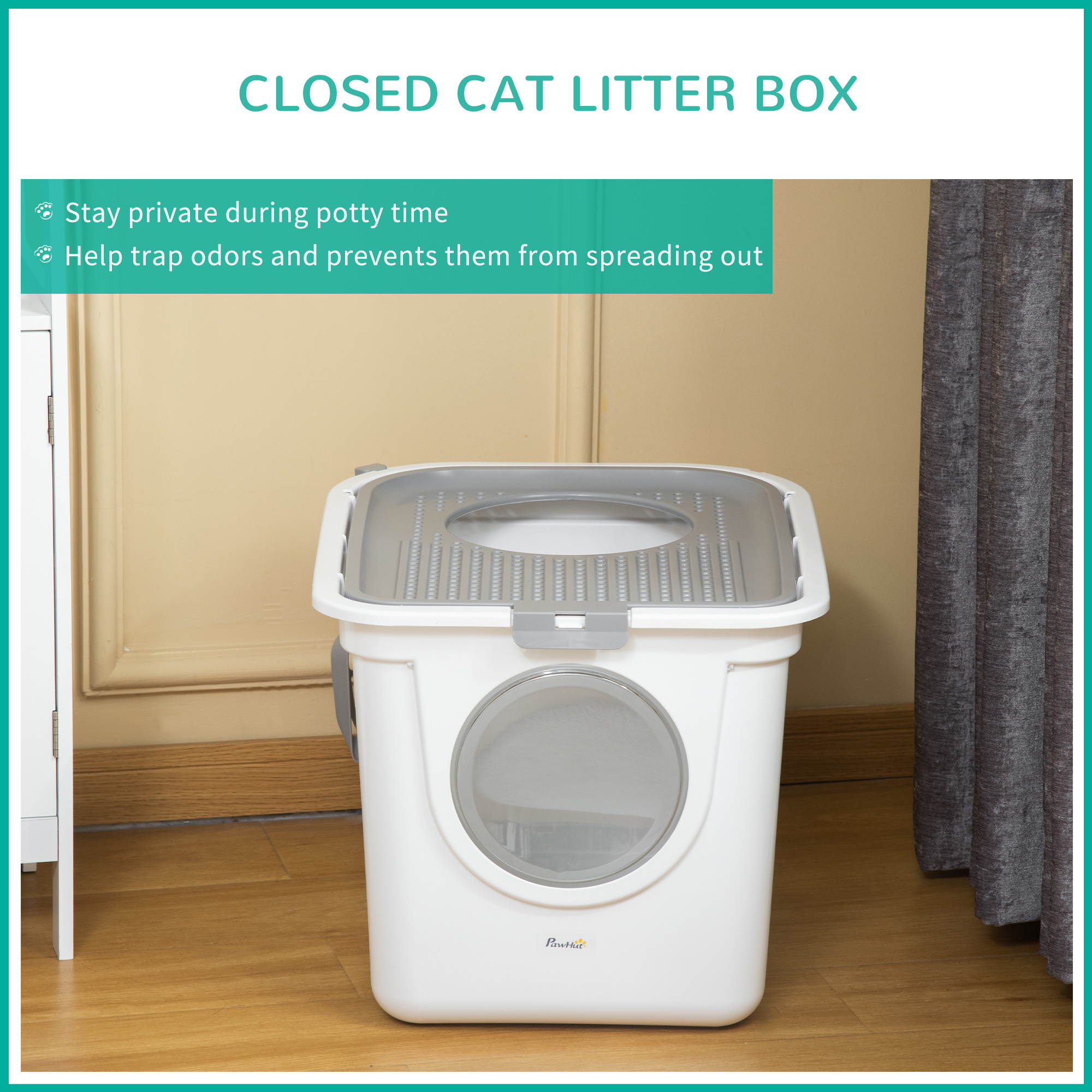 Caja de Arena para Gatos con Entrada Frontal y Salida Superior, Fácil de Limpiar con Escoba Incluida, Control de Olor, Blanco — imagen 5