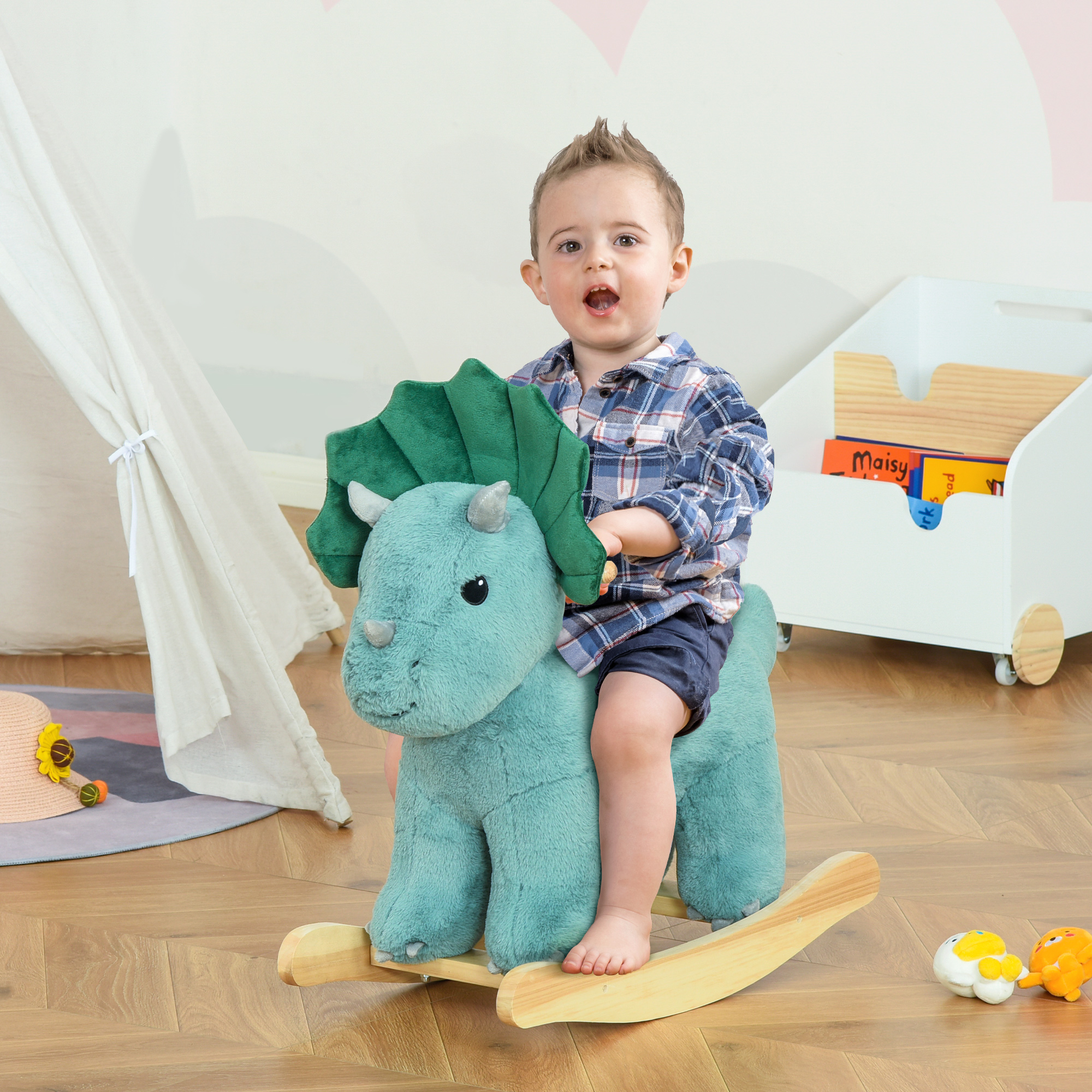 Kids Plush Ride-On Rocking Horse Triceratops-shaped Plush Toy Rocker With Realistic Sounds For Child 36-72 Months Dark Green — imagen 1