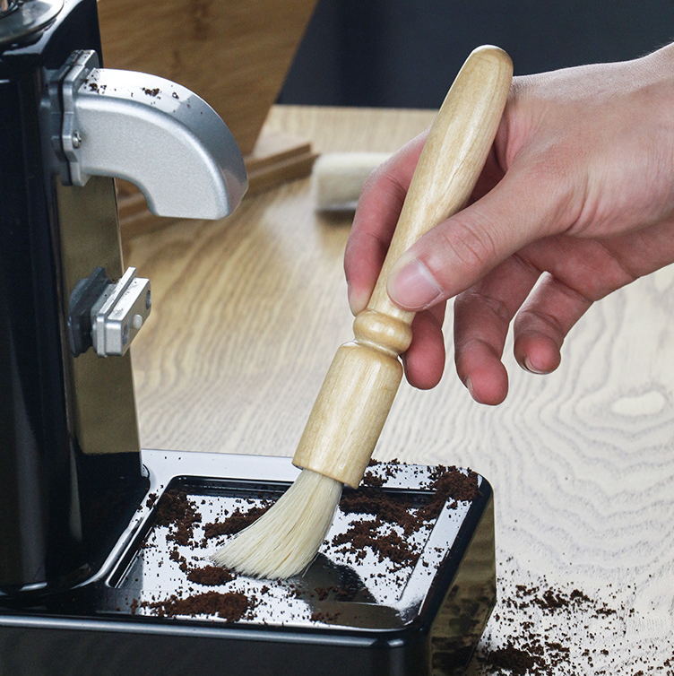 Coffee powder cleaning brush pig hair solid wood residue round head brush coffee machine bean grinder cleaning brush — image 1