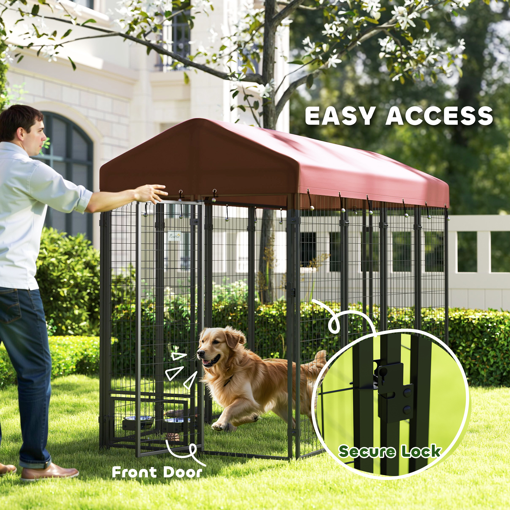 Outdoor Dog Kennel with Rotating Bowl Holders, Walk-in Pet Playpen with Waterproof Cover, 8 x 4 x 6, Red — imagen 4