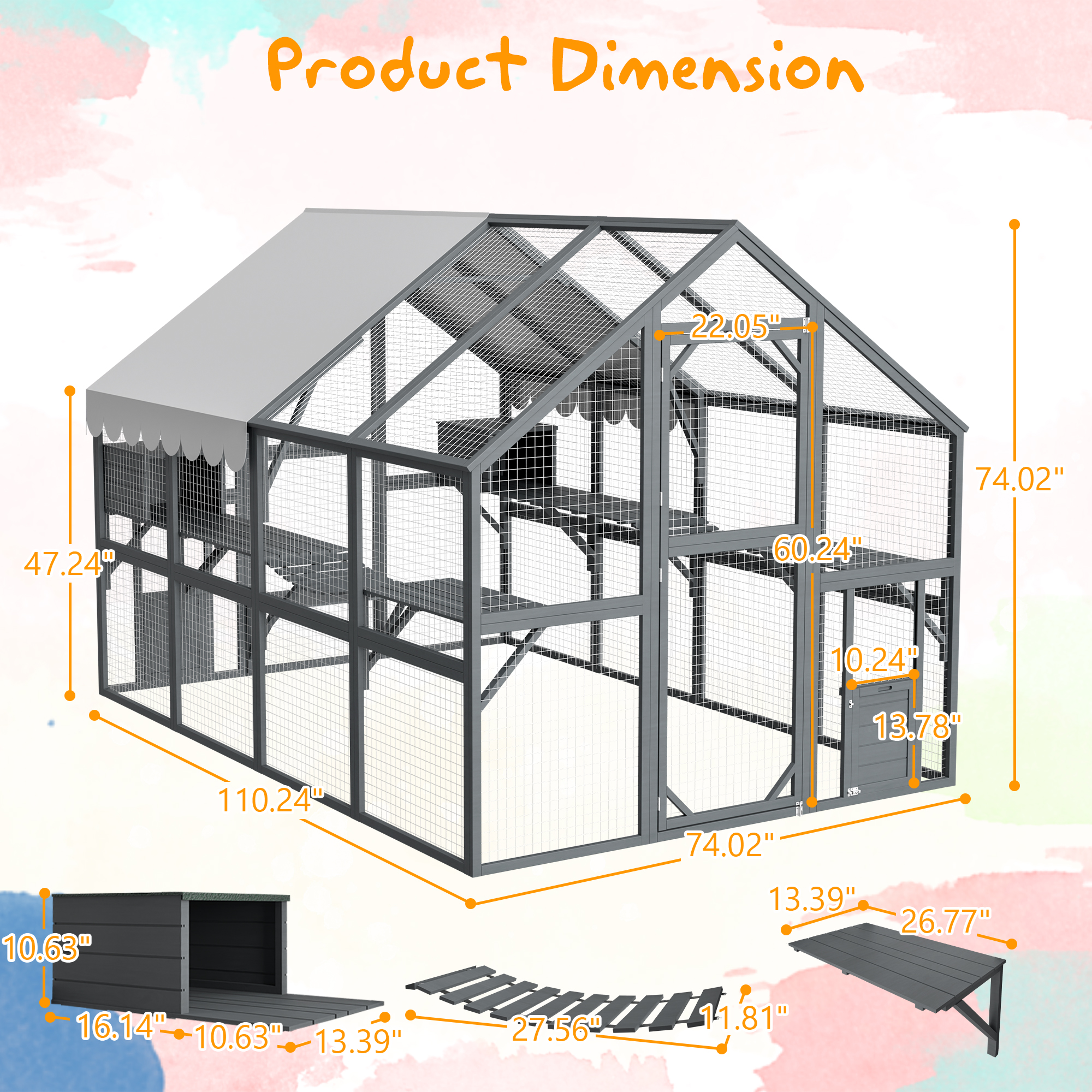 Extra Spacious Catio Outdoor Cat Haven, 110 Inch Luxury Cattery With Weather-Resistant Roof, Cat Climbing Ramp, Space Pod Bed, 2 Lounging Huts — image 2