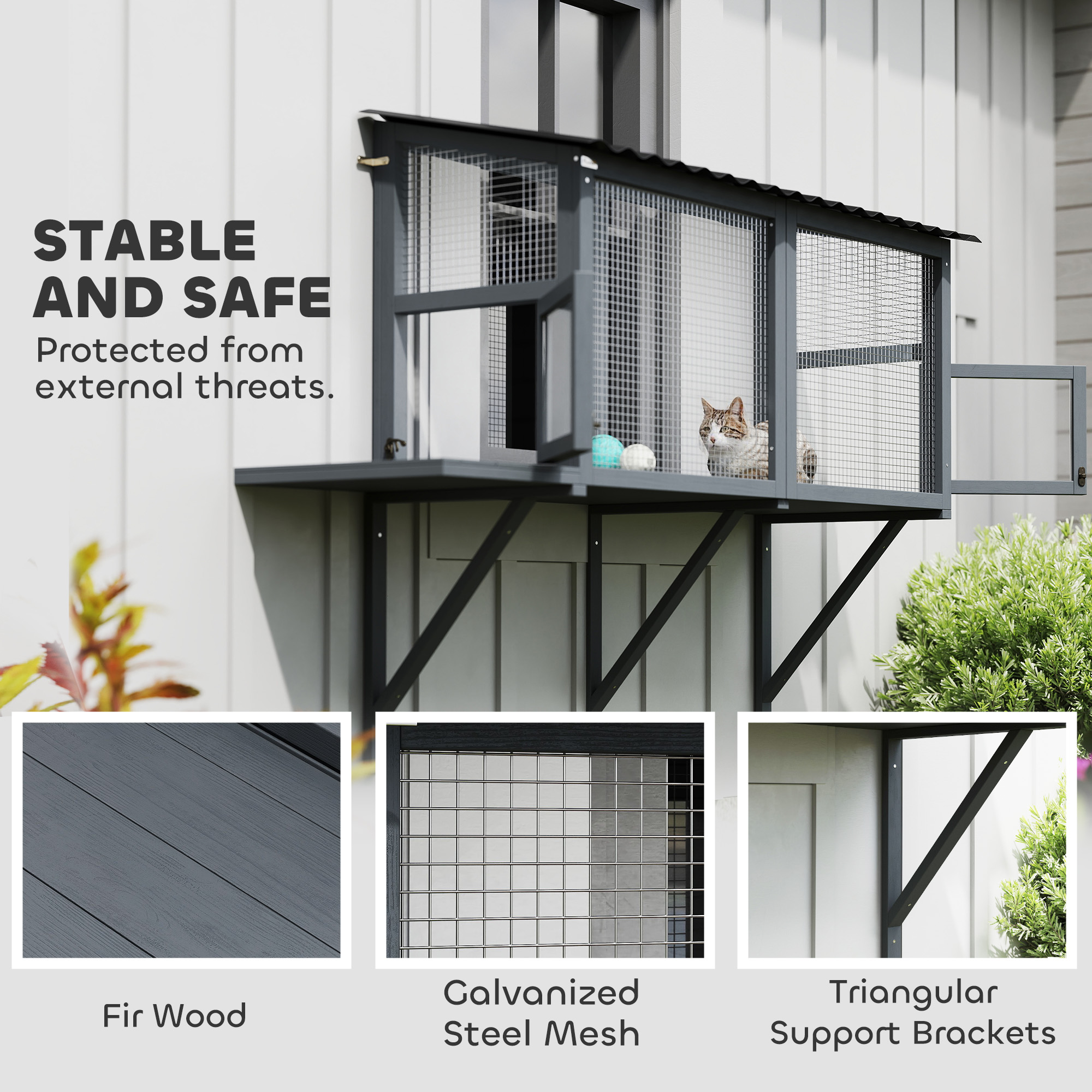Wooden Cat Catio, Outdoor Cat Enclosure Window Perch With Jumping Platform, For Safely Enjoying Outdoor Sights, Gray — image 5
