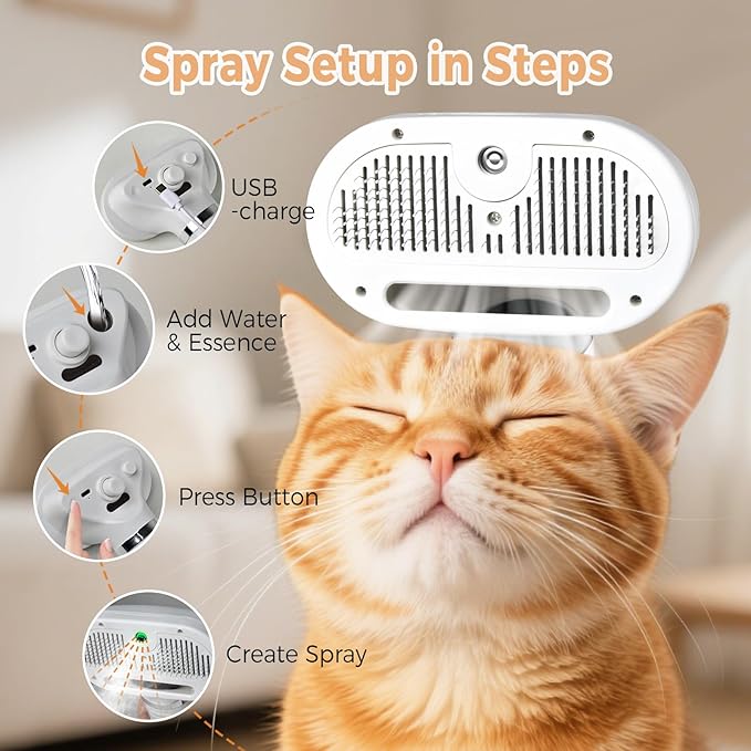 Cepillo de Vapor 3 en 1 para Gatos, Cepillo de Vapor para Mascotas de Pelo Largo y Corto, Peine con Spray para Eliminar Pelo en Animales Pequeños, Cepillo con Rociador de Niebla de Agua y Botón de Liberación — imagen 11