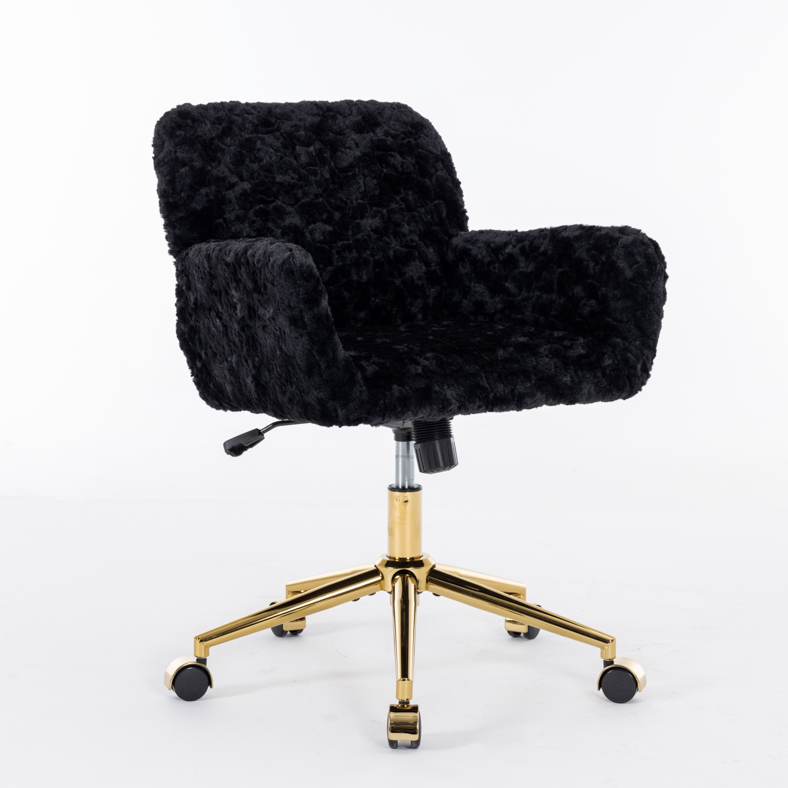 A & A Furniture Office Chair, Artificial Rabbit Hair Home Office Chair With Golden Metal Base, Adjustable Desk Chair Swivel Office Chair, Vanity Chair Black — image 2