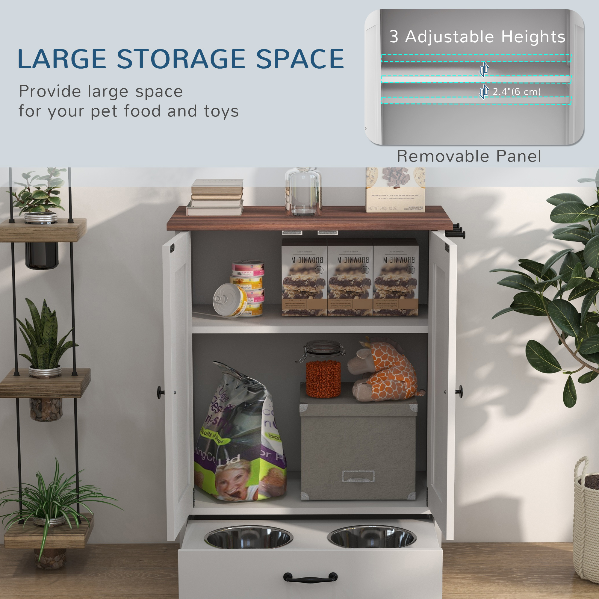 Pet Feeding Station, Dog Food Storage Cabinet w/ Raised Dog Bowls, Adjustable Panel, Hooks for Medium Dogs, White — image 3