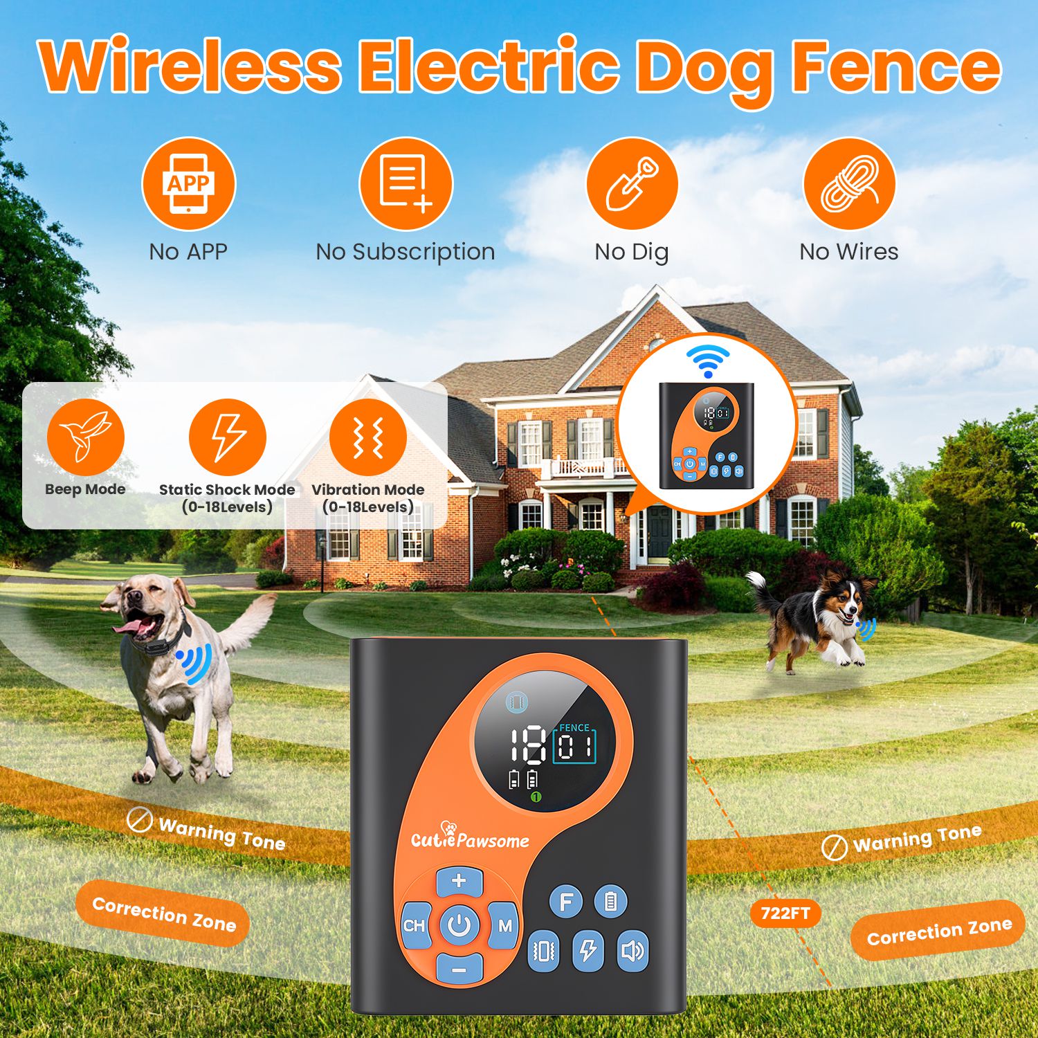Sistema de Cerca Inalámbrica para Perros 2 en 1 con Collar de Entrenamiento, Cerca Invisible para Perros IP68 a Prueba de Agua con Alcance Ajustable de 722 Pies, Pitido, Vibración y Descarga Estática — imagen 9