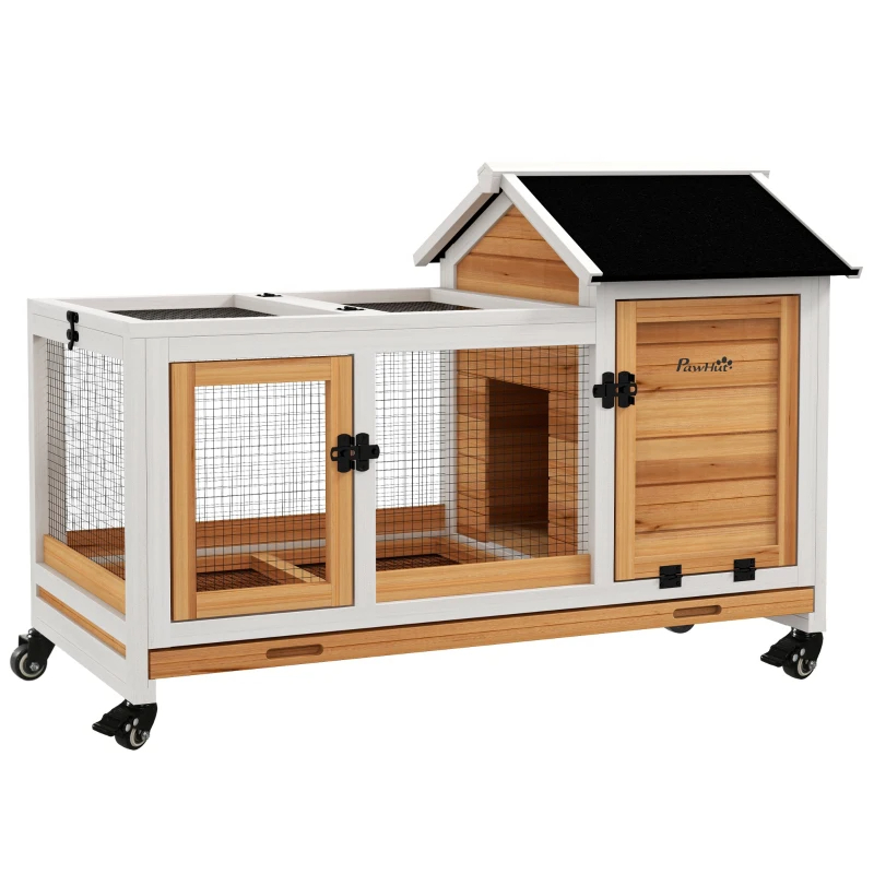 Wooden Rabbit Hutch With Wheels, Run, Slide-out Tray For Small Animals, Guinea Pig, Yellow — imagen 8
