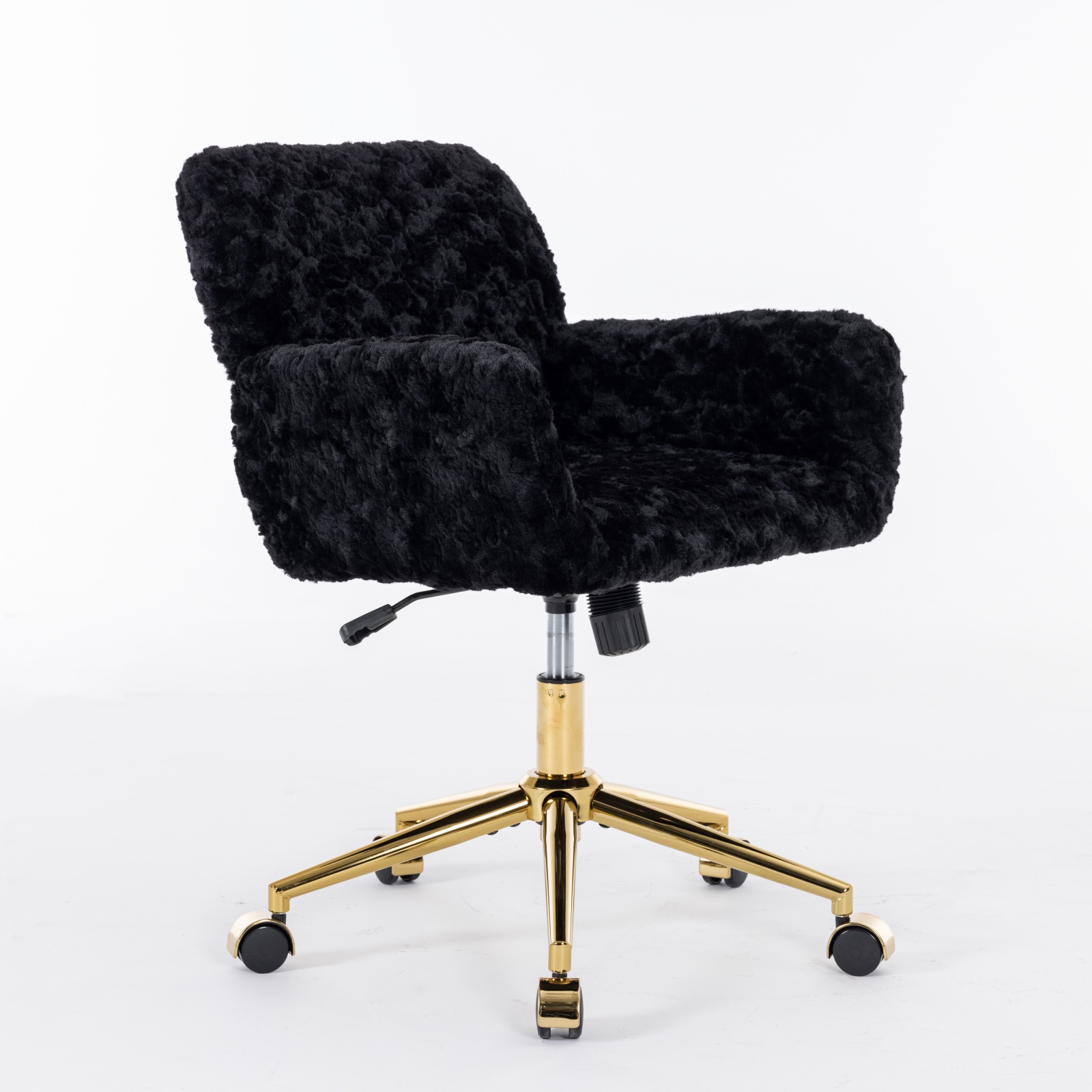 A & A Furniture Office Chair, Artificial Rabbit Hair Home Office Chair With Golden Metal Base, Adjustable Desk Chair Swivel Office Chair, Vanity Chair Black — image 5