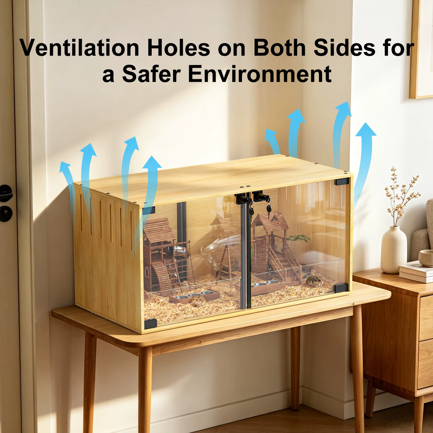 Wooden Hamster Cage Chew-proof Small Animal Habitat Cage with Dual Doors Lock Removable Divider Hedgehogs Enclosure — image 8