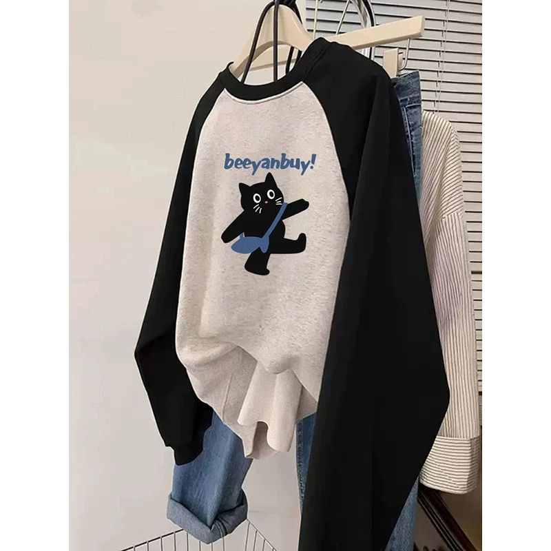 Oversized Fleece Hoodie for Women with Color-Blocked Shoulder and Cat Print, Round Neck — image 5