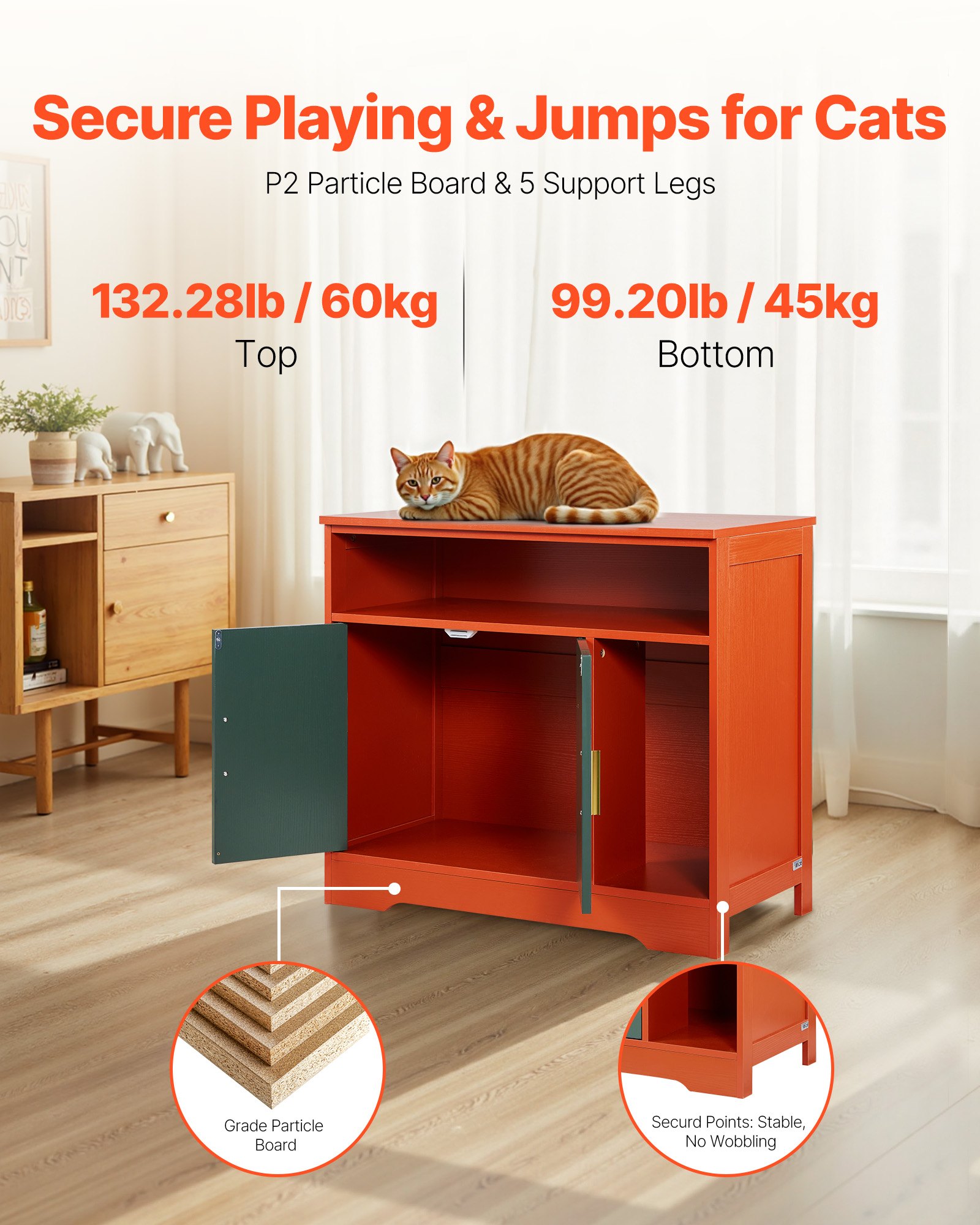 Cat Litter Box Enclosure, 31 In Hidden Litter Box Cabinet With Shelf & Storage, Modern Style Indoor Cat Washroom, Wooden Kitty House Furniture End Table, Fit Most Litterboxes, Red & Green — image 2