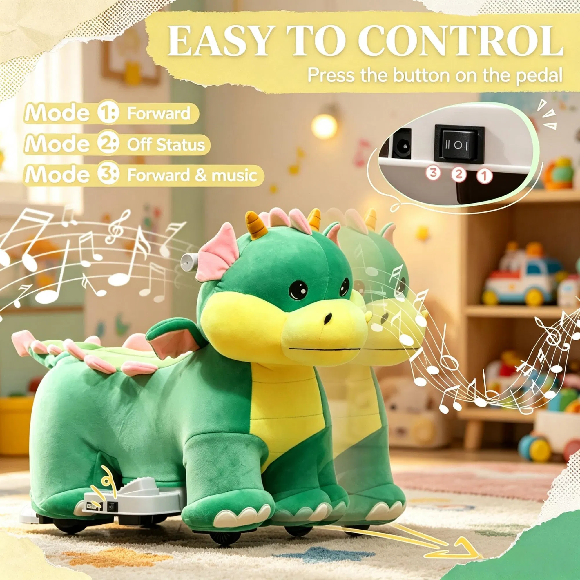 Green 6V Electric Ride On Horse: Battery Powered Toy with Music, Forward Movement & Silent PU Wheels for 18-36 Months — imagen 3