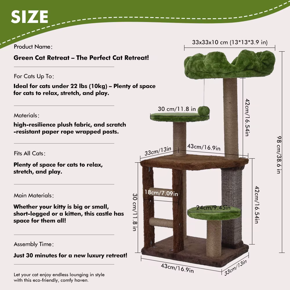 Árbol de Gato Mediano: Torre de Gatos de Escaleras Verdes de Múltiples Niveles con Poste de Rascado y Posición Acogedora — imagen 2