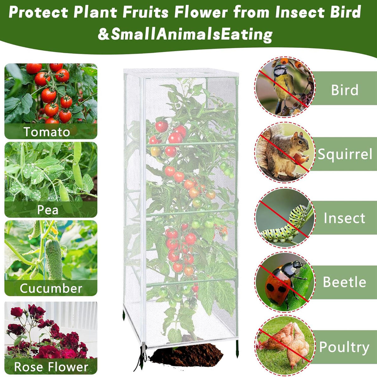Caja para Tomates Kit Cuadrado Redondo Cubierta de Pájaros Jardín con Cierre y Cordón — imagen 7