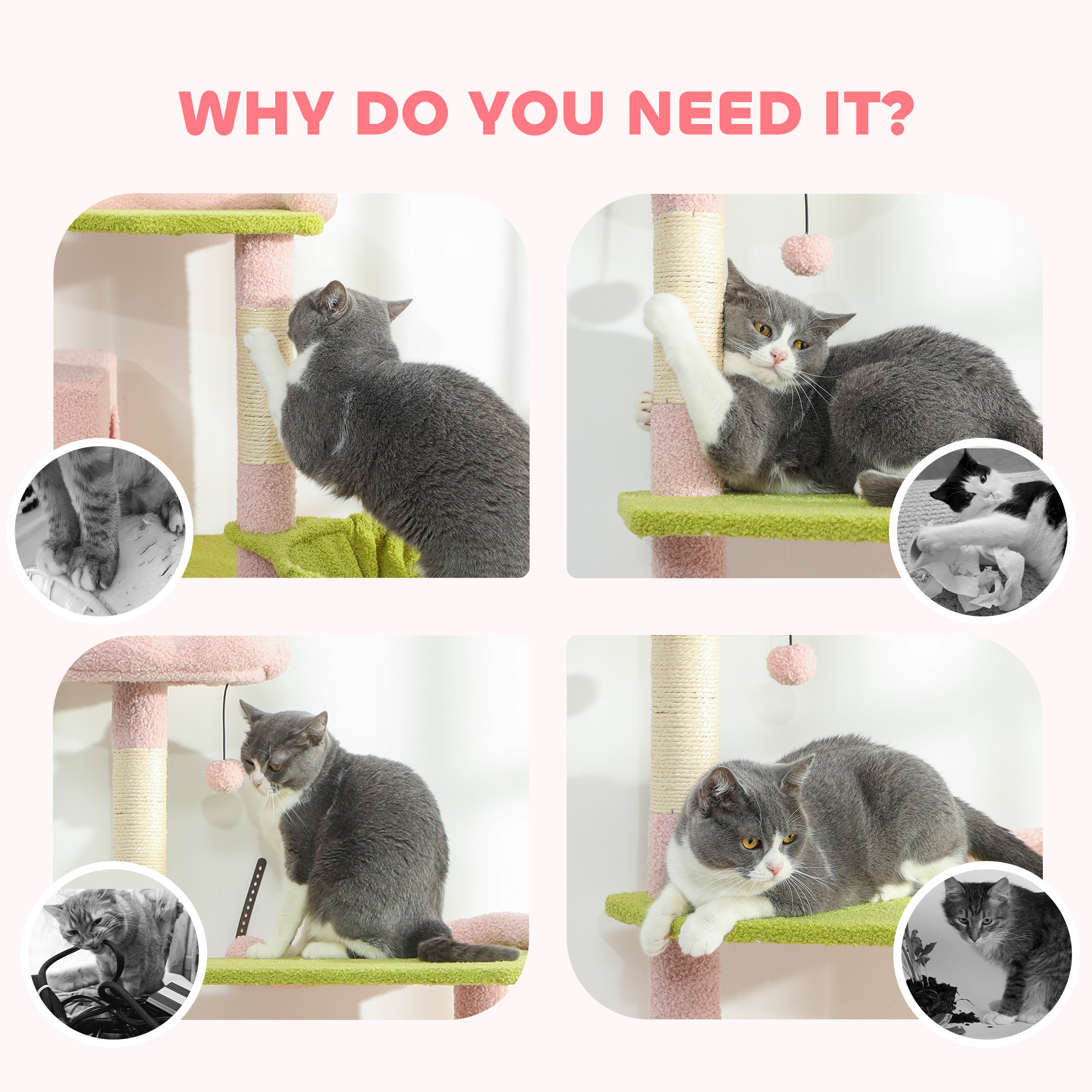 74" Flower Cat Tree, Large Cat Tower with Scratching Post & Board for Indoor Cats, Pink — image 8