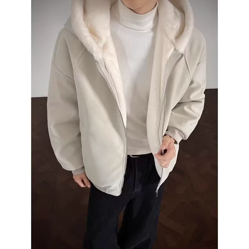 Leather Rabbit Fur Plush Fleece Lined Jacket Unisex Winter Thickened Warm Outerwear — image 5