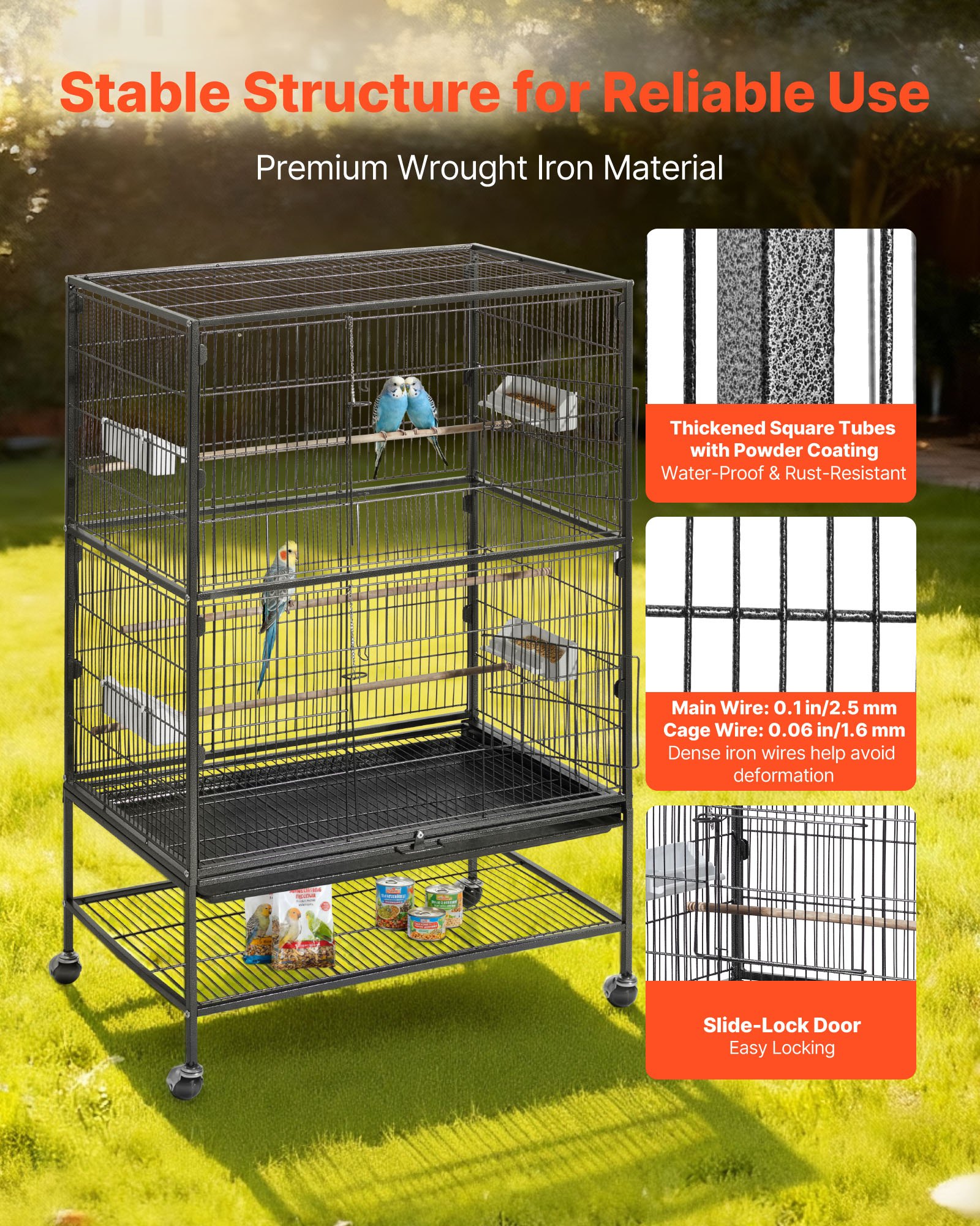 Bird Cage, 31.5 X 20.5 X 52 Inch, Flat Top, Wrought Iron Bird Flight Cage With Perches, Slide-Out Tray And Plastic Feeders, Casters, For Parrot, Blue Tit, Cockatiel, Canary, And Monk Parakeet — imagen 4