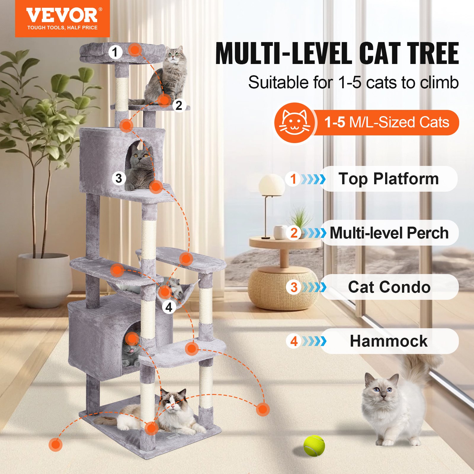 Árbol para Gatos de Interior, 72" Torre para Gatos con 2 Condos, Poste de Rastrillado Sisal, Hammock y Percha Superior, Plataformas Saltarinas, Centro de Actividad para Gatos Grande en Gris Claro — imagen 4
