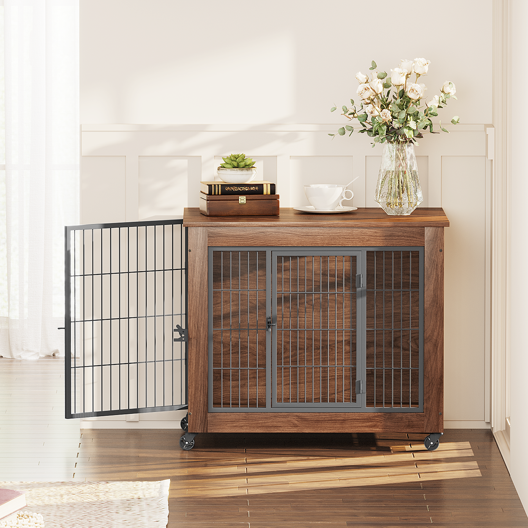 32.5 Dog Crate Furniture With Wheels For Small Dogs, Heavy Duty Dog Kennel Indoor With 2 Doors, Wooden Pet Cage End Table, Double-Doors Sturdy Metal Dog Cage For Anxiety Dog — imagen 5