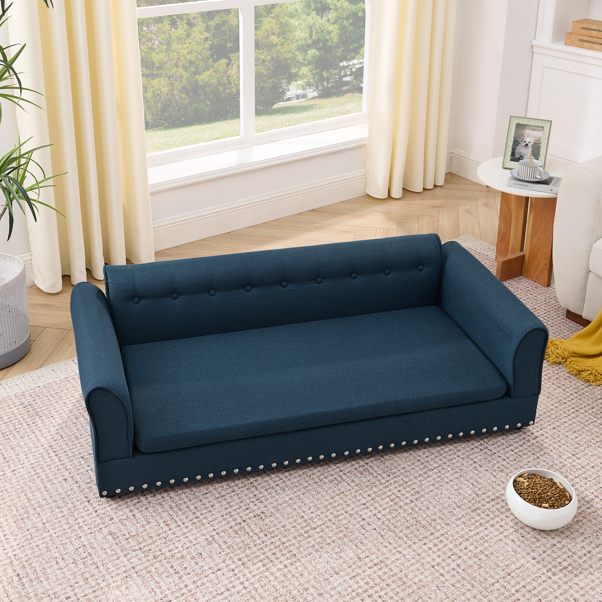 Sofá para Mascotas de Gran Tamaño, Diseño Moderno y Elegante en Tela de Lino con Espalda y Manijas para Perros Grandes y Sobrepeso - Azul Oscuro — imagen 5