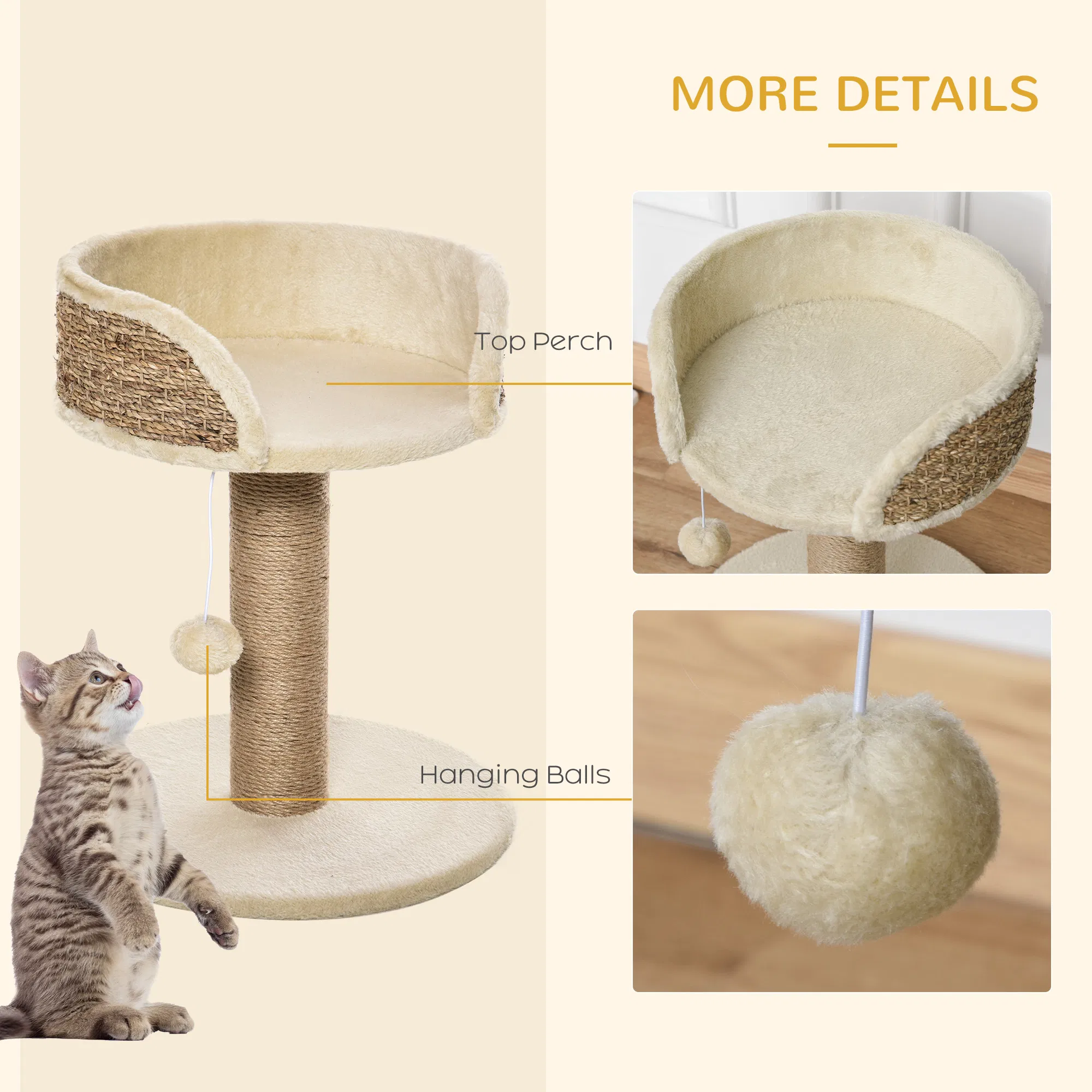 Cat Tree with Scratching Post, Toy Ball, Perch, Small Cat Tower for Indoor Cats - 16" x 16" x 19", Beige — image 2