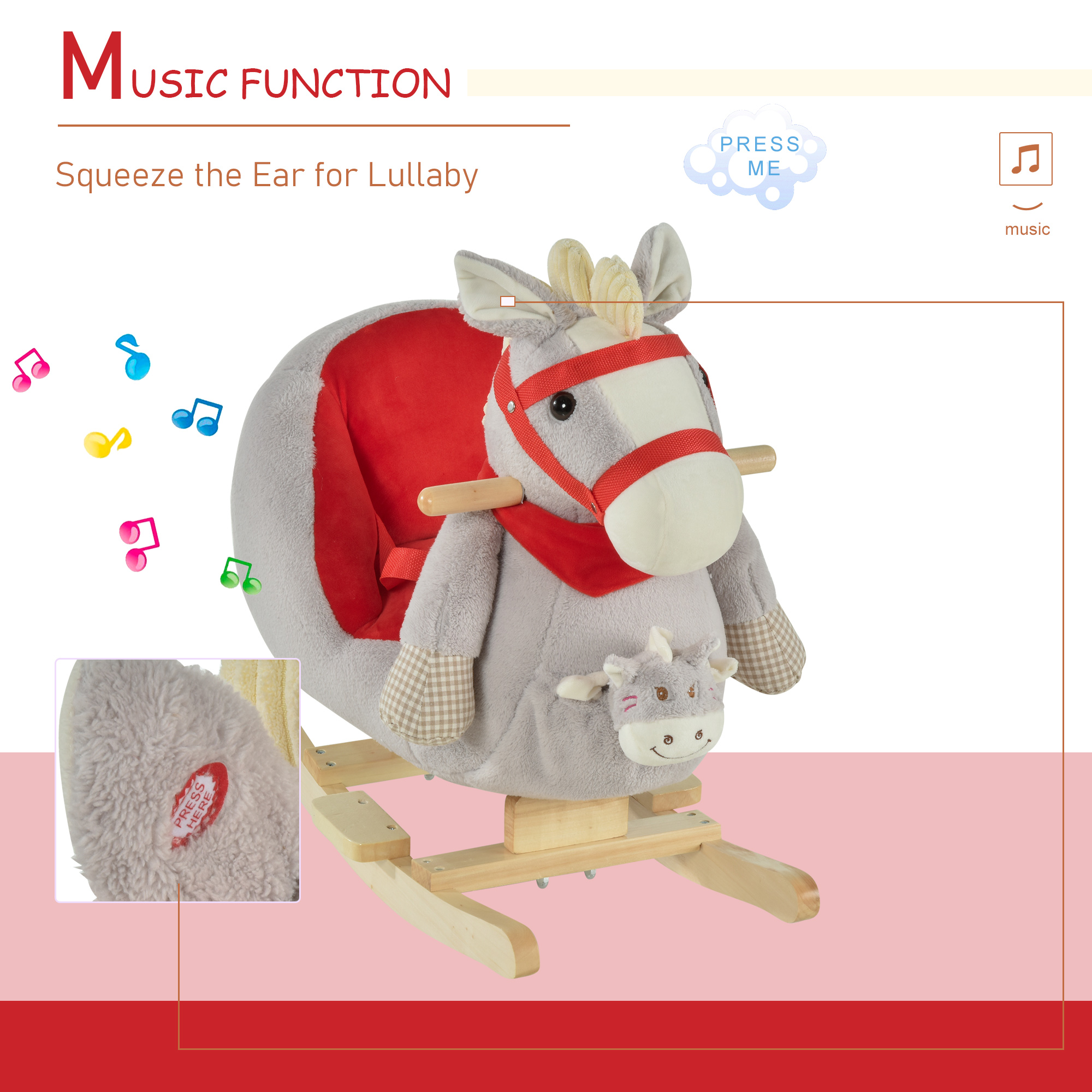Kids Ride-On Rocking Horse Toy, Rocker with Lullaby Song, Hand Puppets & Soft Plush Fabric for Children 18-36 Months, Gray — image 6