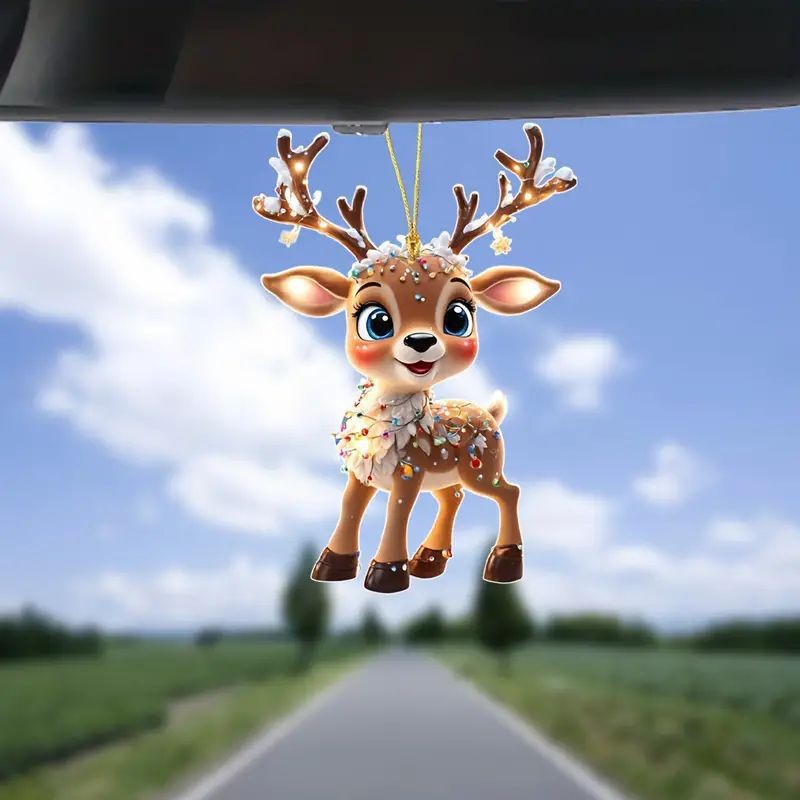 Christmas Reindeer Tree Decoration Acrylic Flat Car Rearview Mirror Hanging Ornament Home Decor Ready — image 4
