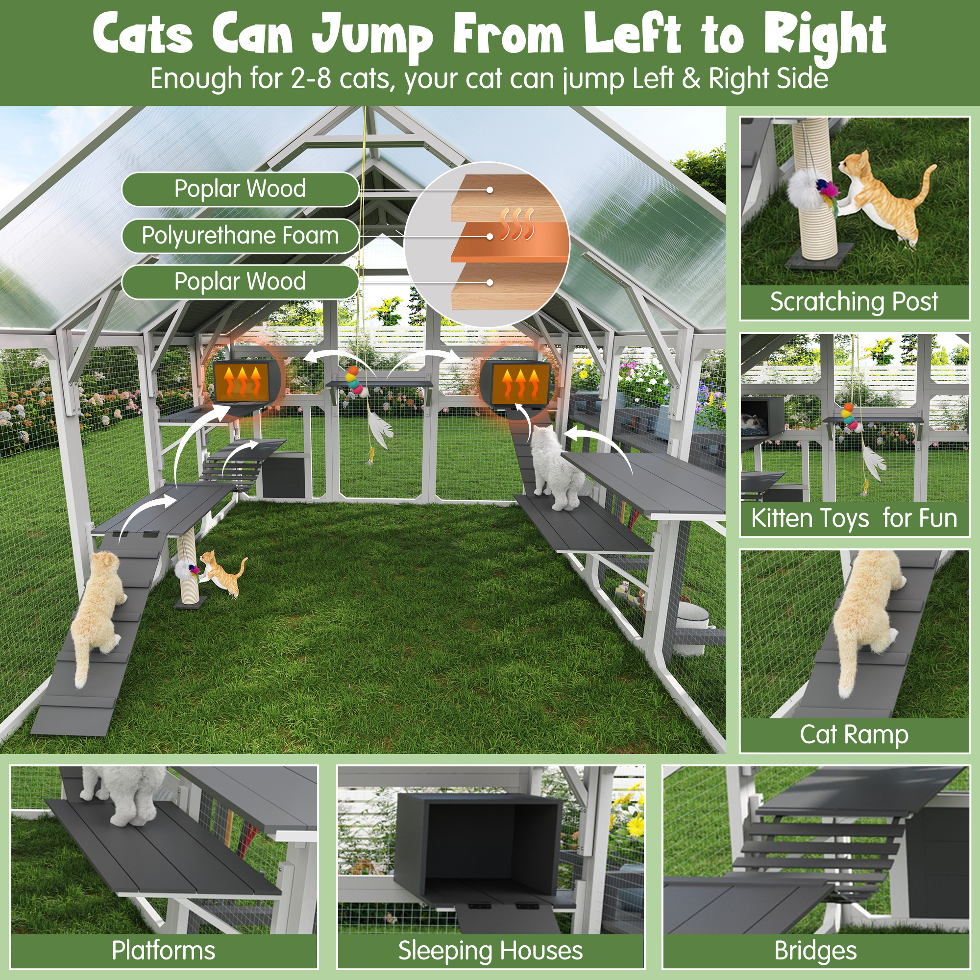 Large Outdoor Cat House With Planter Stand, Wooden Cat Enclosure With Resting Boxes For Multiple Kittens, Hanging Bridge, Platforms, Walk-In Catio Cage With Waterproof Proof Cover — imagen 3