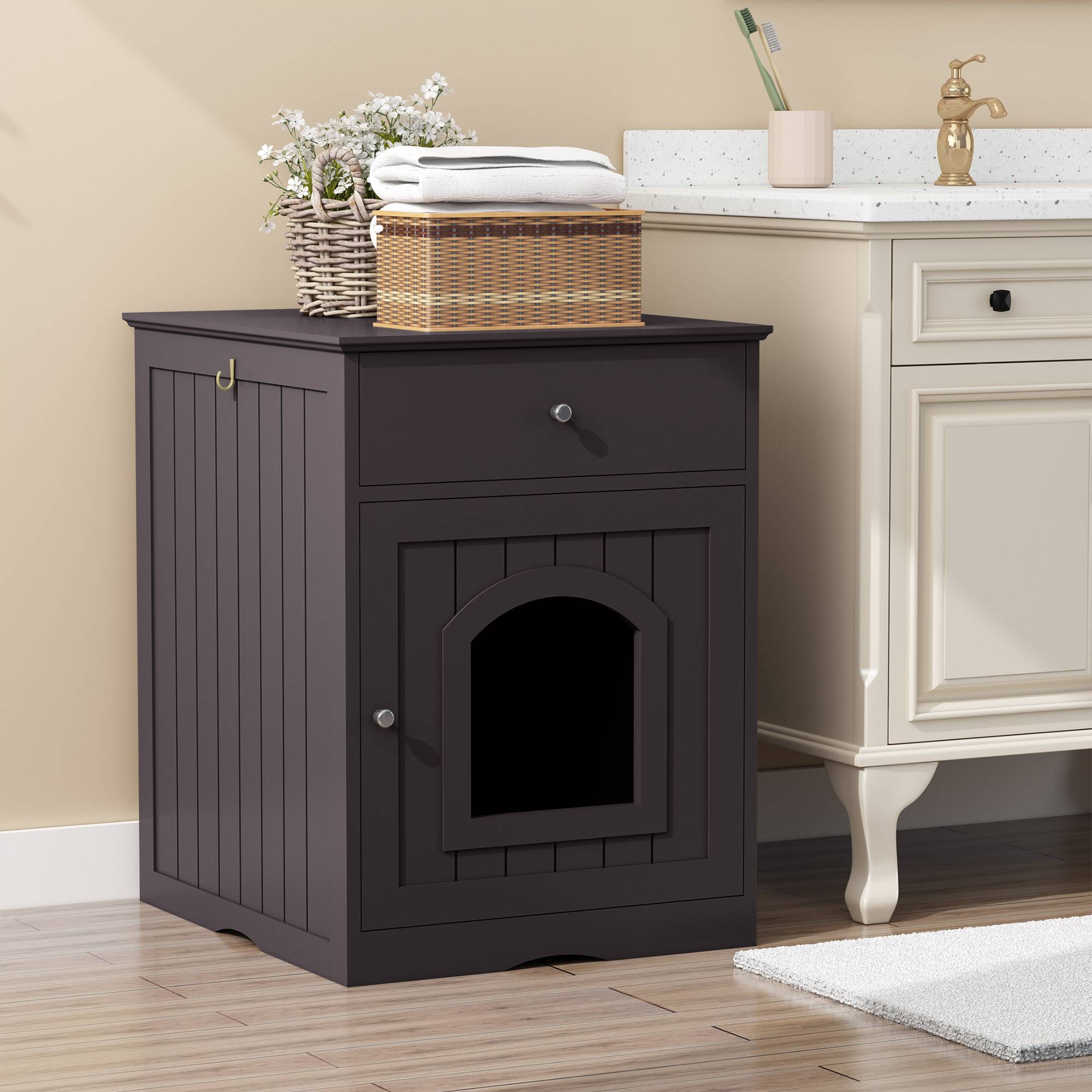 Wooden Pet House Cat Litter Box Enclosure With Drawer, Side Table Indoor Pet Crate — image 9