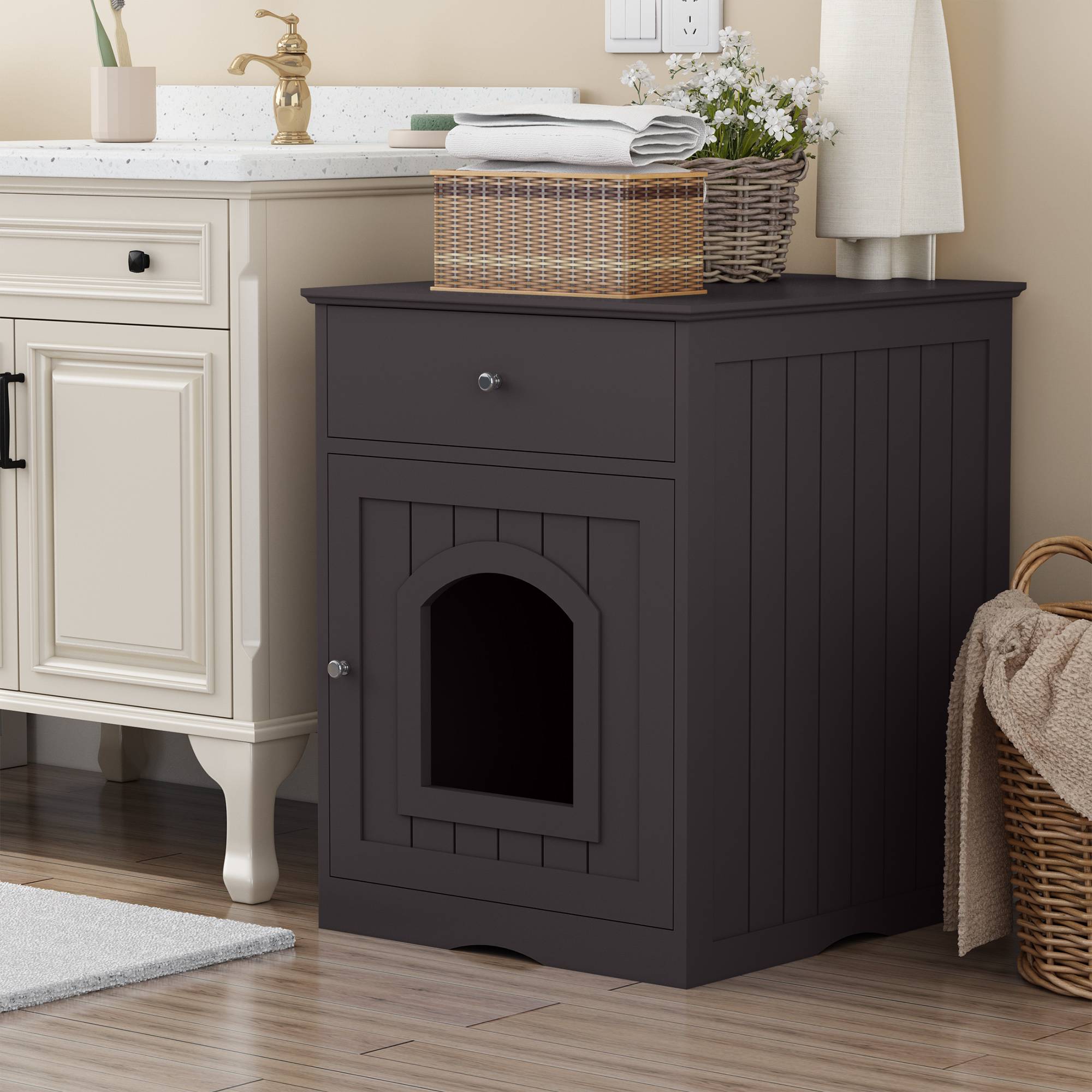 Wooden Pet House Cat Litter Box Enclosure With Drawer, Side Table Indoor Pet Crate — image 3