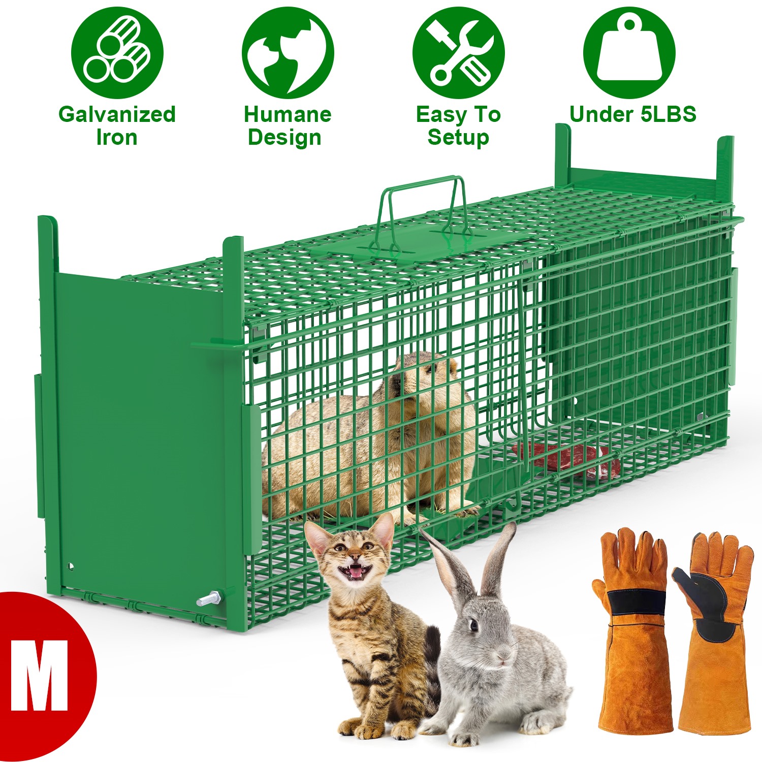 Jaula Trampa para Animales Vivos de 32 Pulgadas con 2 Puertas y Guante, Verde, para Animales de Menos de 12LBS, Fácil de Instalar, Trampa Humanitaria de Hierro Galvanizado para Conejos, Marmotas, Zorrillos, Zarigüeyas, Nutrias y Gatos Callejeros — imagen 1