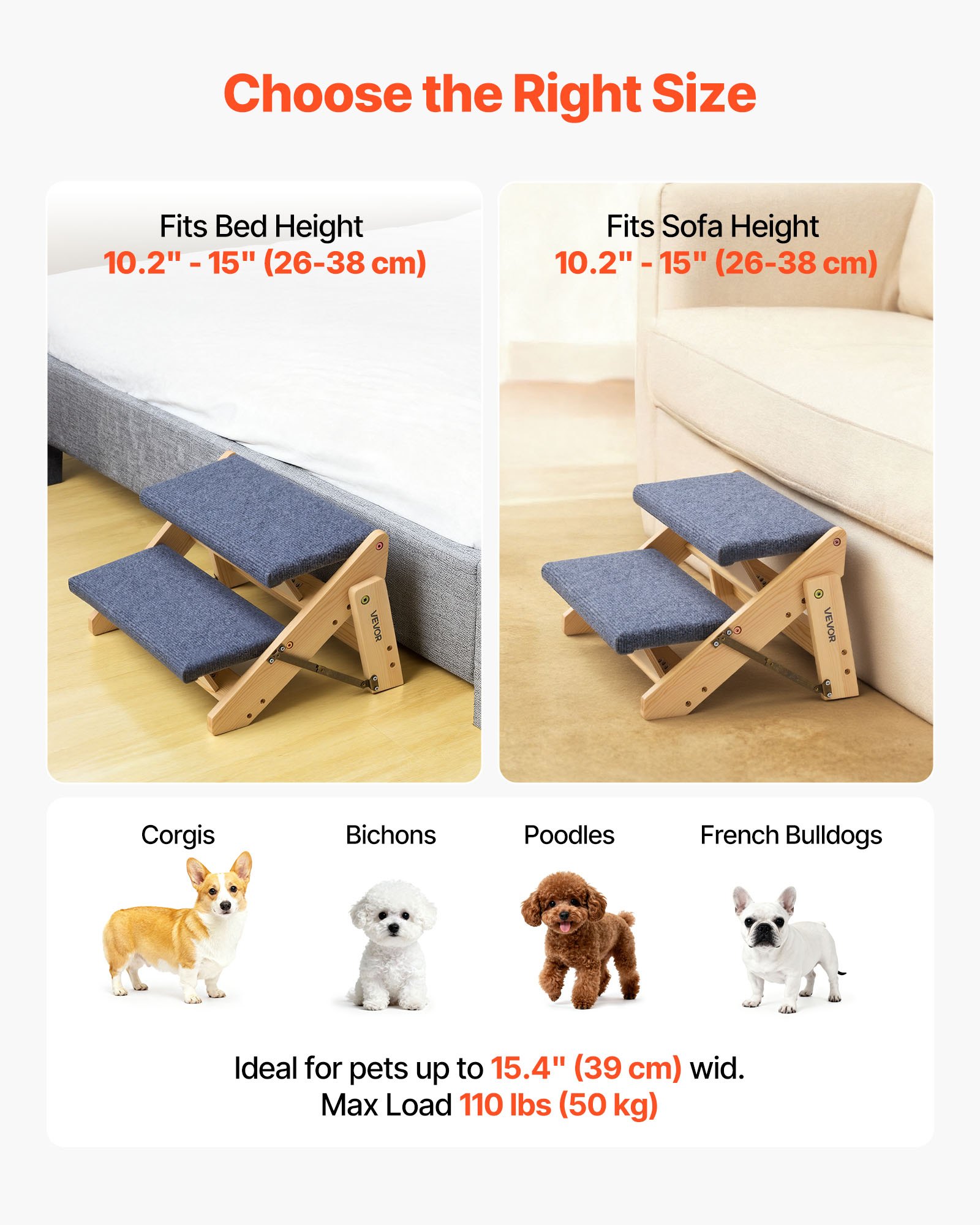 Escaleras de Madera para Mascotas 2 Pasos, Soporte Seguro para Cama, Sofá y Coche, Capacidad 110lbs, Diseño Plio Plegable, Estables y Rígidas para Perros y Gatos Pequeños Grandes Ancianos — imagen 4