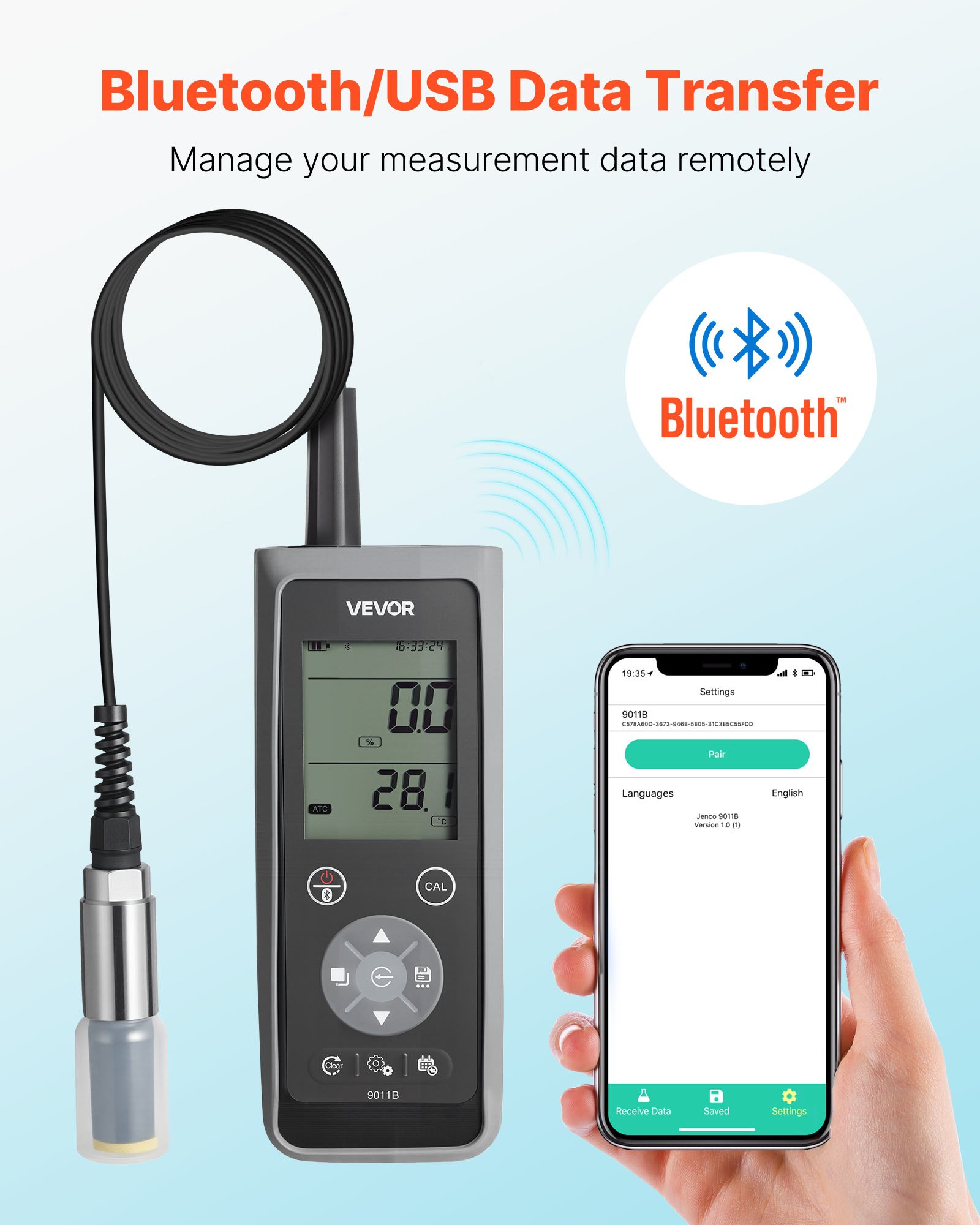 Dissolved Oxygen Meter, 0.0-50.0 Mg/L Measurement Range, Portable Dissolved Oxygen Tester Kit With 13.1 Ft Electrode Cable, Bluetooth/USB Data Transfer, 750 Data Sets Storage, DO Meter For Ponds — image 4