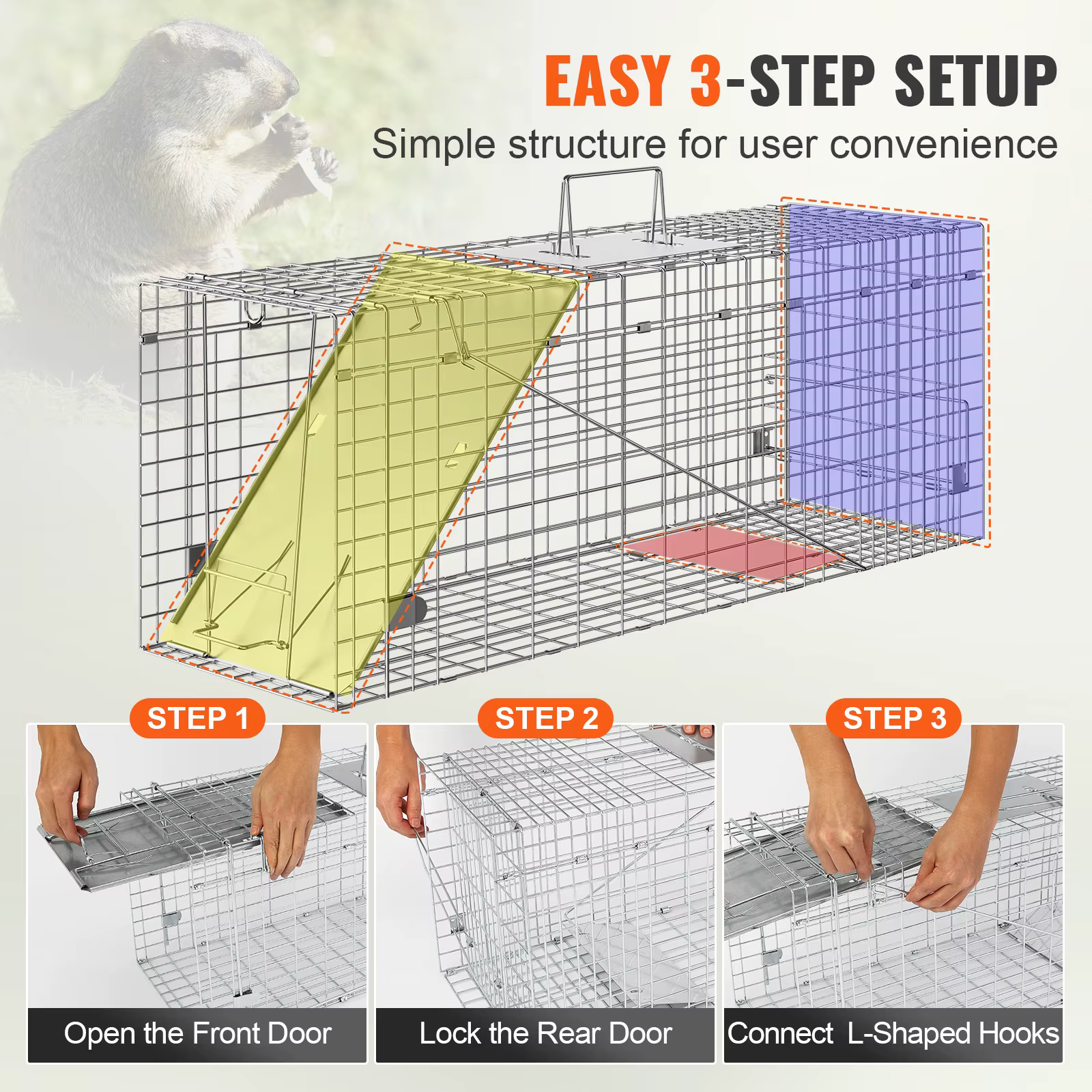 SucceBuy 24/31/42/50in Animal Cage Trap Folding Humane Cat Trap Galvanized Iron with Handle for Rabbits Squirrels Groundhogs — image 5
