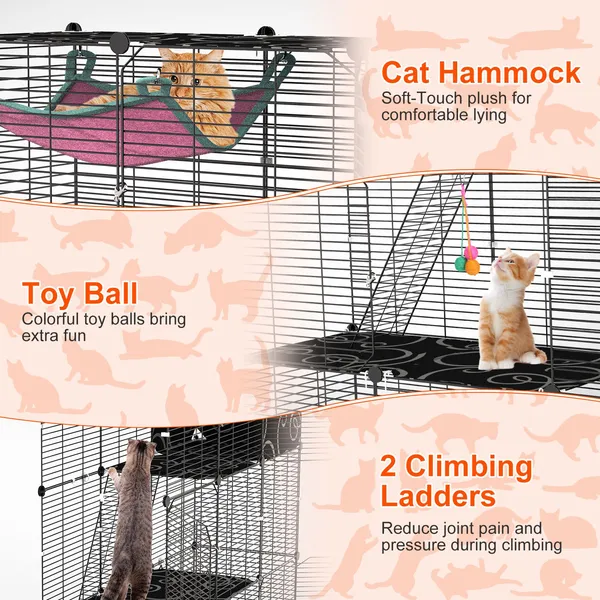 Jaula/Corral para Gatos de 3 Niveles para Interior con Hamaca, Pelota de Juguete y Escalera, Casa de Alambre de Hierro para Armar Tipo DIY para 1-2 Gatos, Hurones, Conejos y Otros Animales Pequeños — imagen 2