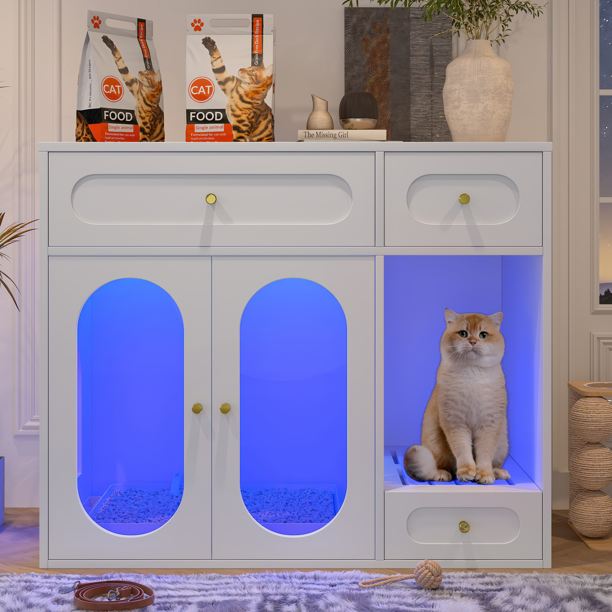 Caja de Limpieza para Gatos con Luz LED, Estante Oculto con Cajas de Almacenamiento, Adecuado para la Mayoría de las Cajas de Arena, Casa de Mascota Interior con Puertas Acrílicas, Mesa de Viva para Salón, Blanco — imagen 5