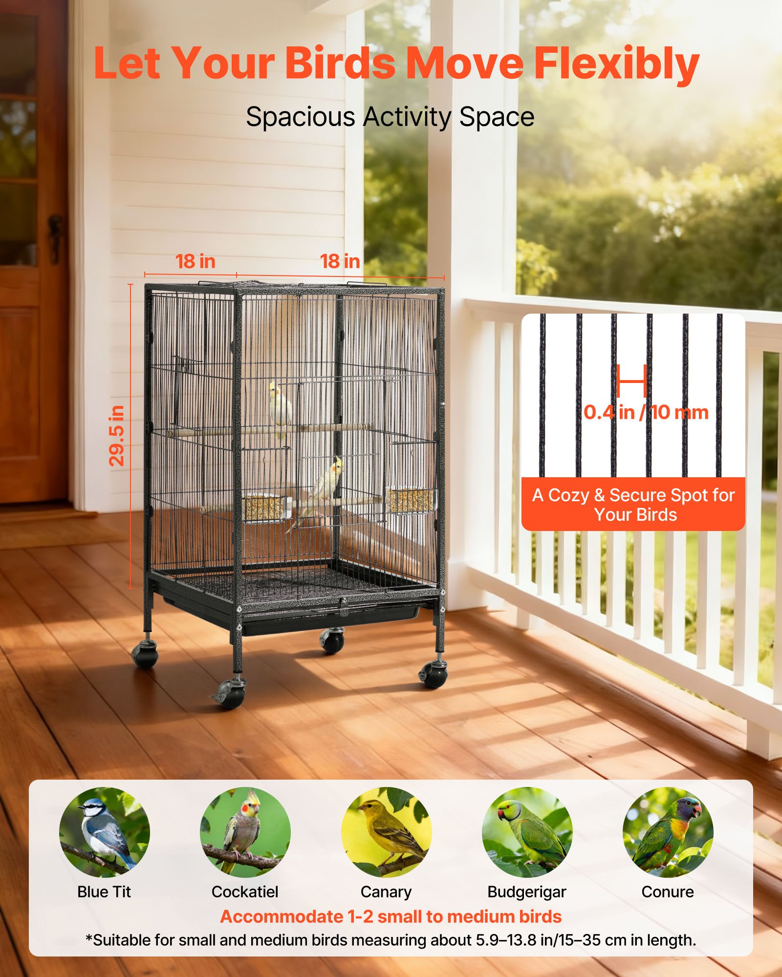 Bird Cage, 18 X 18 X 30 Inch, Open Flat Top, Wrought Iron Bird Flight Cage With Perches, Slide-Out Tray And Plastic Feeders, Casters, For Parrot, Blue Tit, Cockatiel, Canary, Budgerigar, Conure — image 5