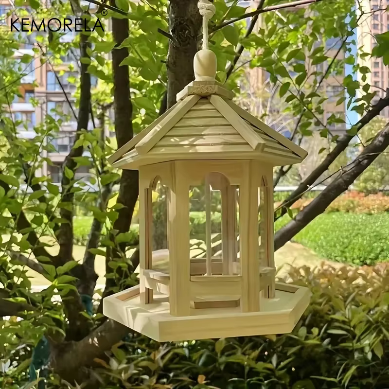 Casa de Comida para Pájaros en Madera Técnica KEMORELA 1PC - Decoración Exterior para Jardín con Sistema de Agua y Caja para Mascotas — imagen 1