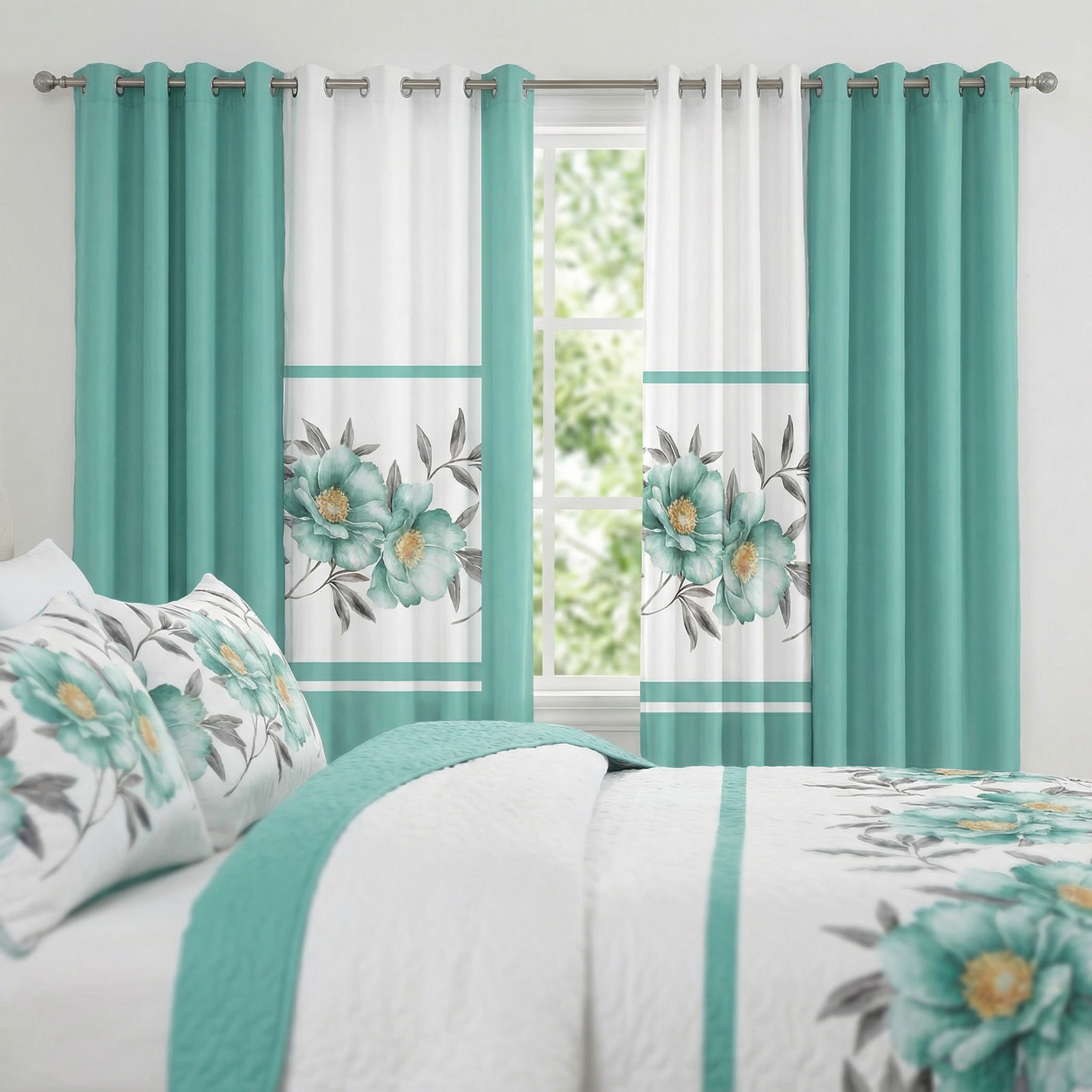 Juego de Edredón y Cortinas Room In A Bag de 9 Piezas, Colcha Gruesa con Estampado Floral Botánico Turquesa de Diseñador de EE. UU. con 6 Paneles de Cortina Personalizables, Cubrecama de Alto GSM Apto para Mascotas — imagen 3