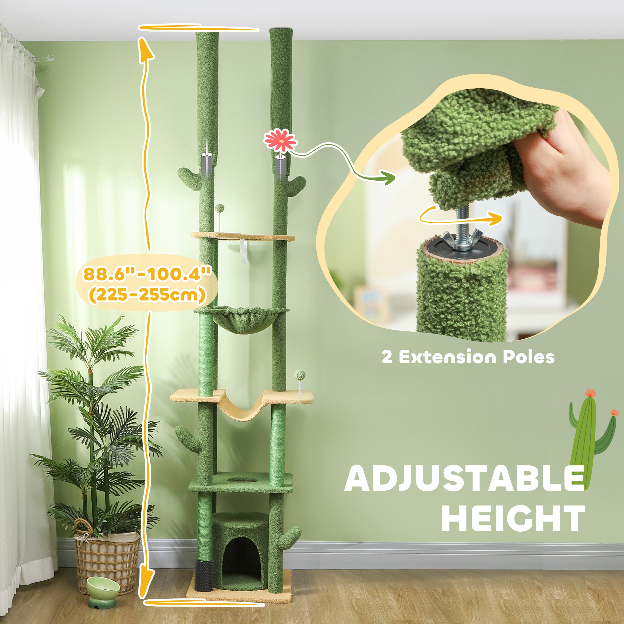 Rascador para Gatos del Piso al Techo 89"-100", Torre para Gatos con Poste con Cepillo de Aseo, Casita y Hamaca, Verde — imagen 3