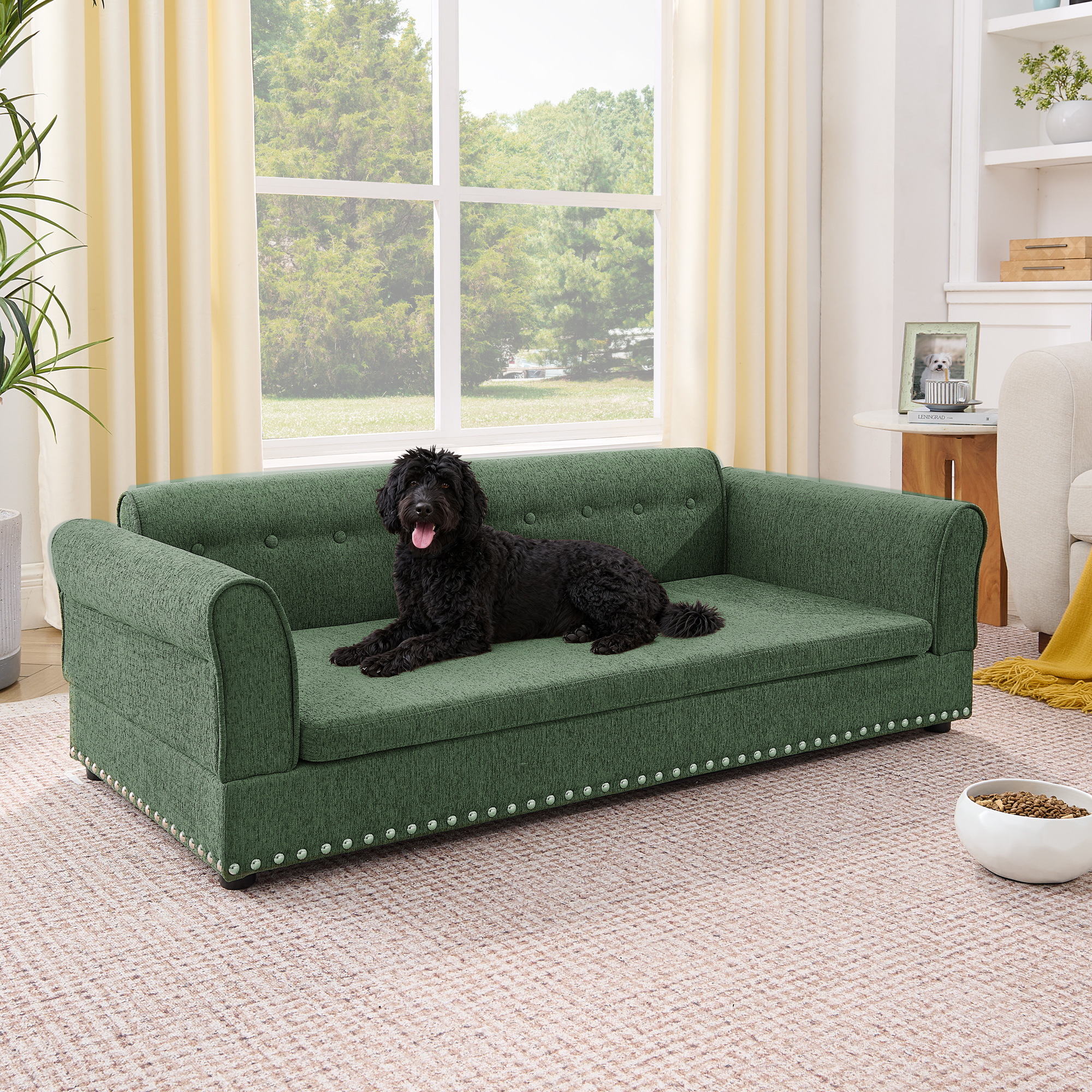 Silla de Comodidad para Mascotas Grande, Sofá Moderno en Tela de Lino con Espalda y Manijas para Perros Grandes - Verde Oliva — imagen 3