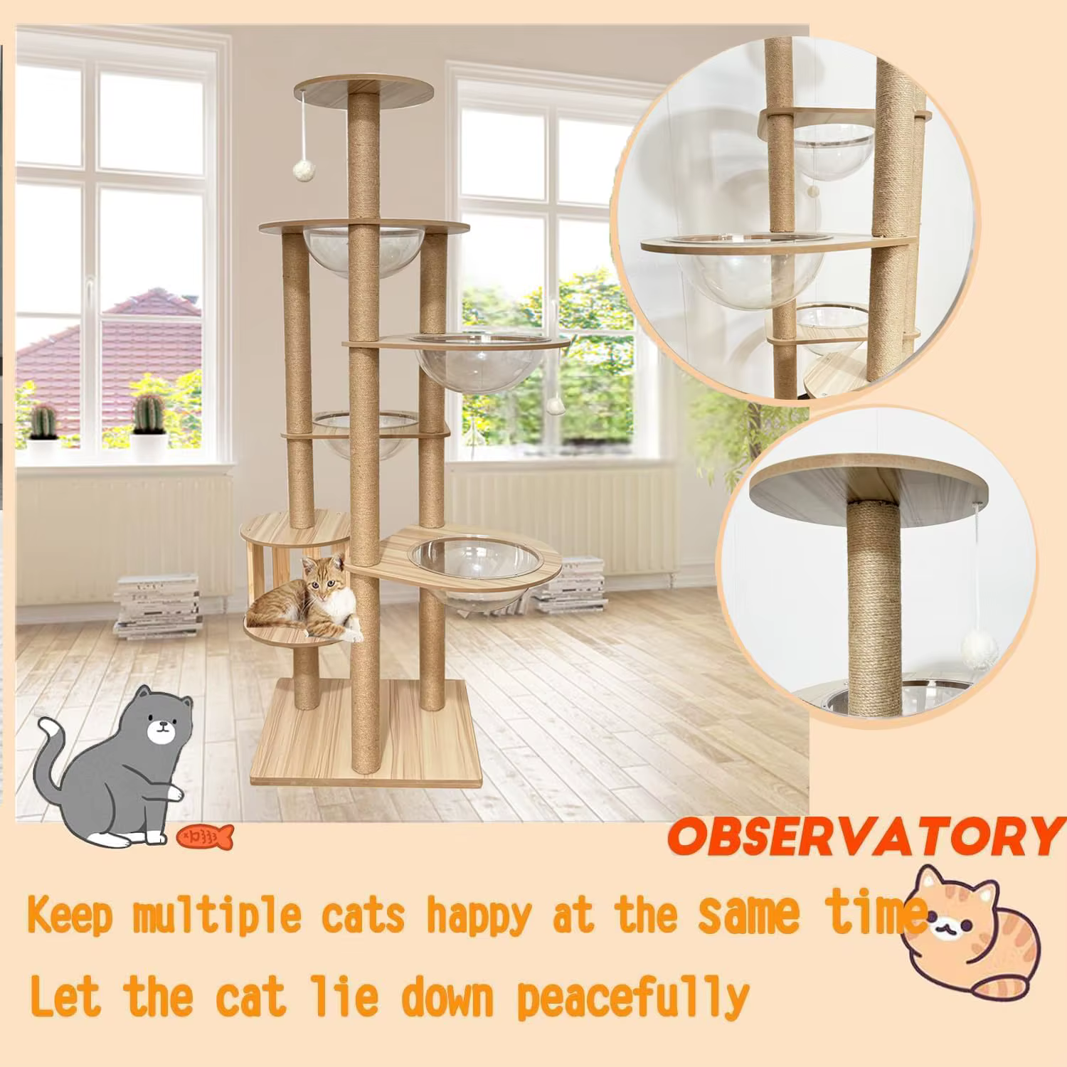 72.1-Inch Large Cat Tree for Indoor Adult Cats, 4 Bowls & 12 Sisal Posts with Cage Perch Toy Balls Wood, Customized — image 4