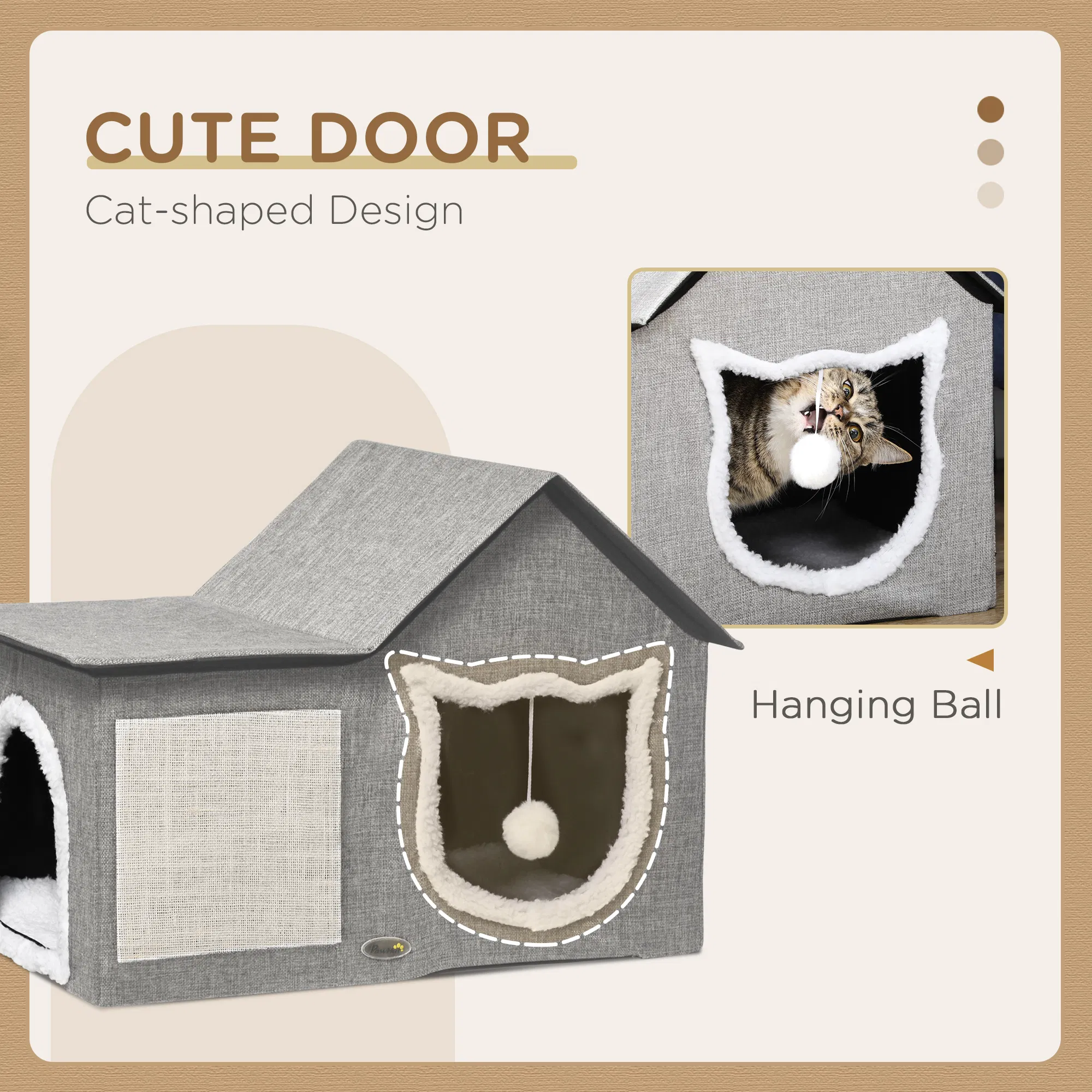 Large Cat Bed for Indoor, Cat House Hideaway with Soft Cushion, Scratching Pad, Dangling Ball, Dual Entrances, Grey — image 5