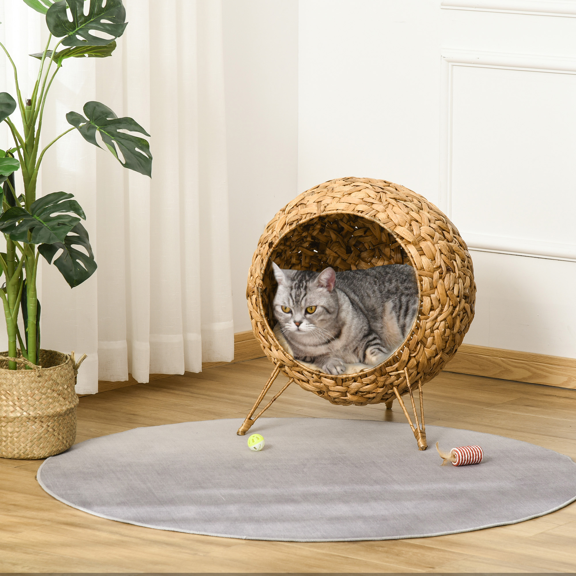 Cama para Gatos Tejida de 20.5", Casa Elevada para Gatitos Tejida a Mano con Hoja de Banano Trenzada, con Cojín, Natural — imagen 1