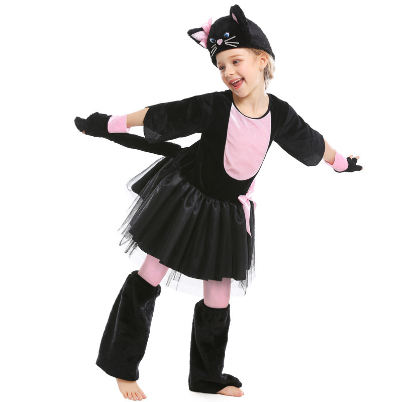 Halloween Animal Costume Cosplay Black and Pink Cat Bow Kids Performance Outfit — image 5